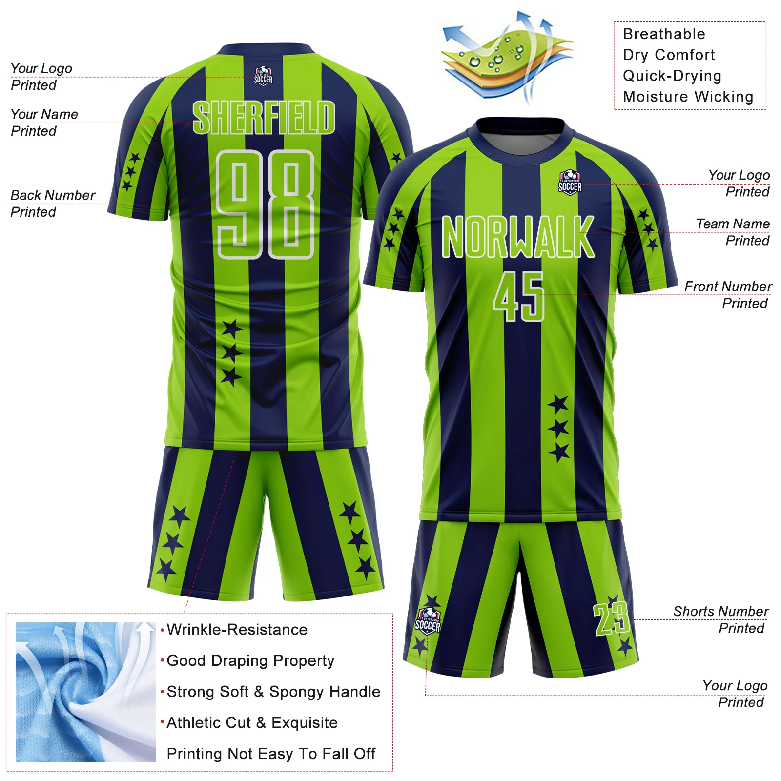 Custom Navy Neon Green-White Stars And Stripes Sports Sublimation Soccer Uniform Jersey - Image 4