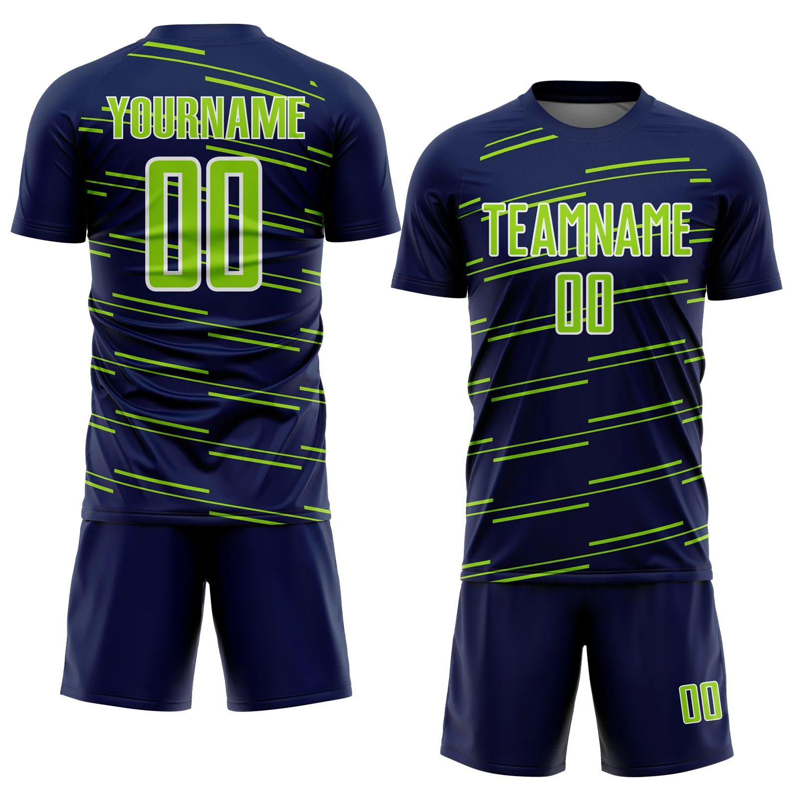 Custom Navy Neon Green-White Diagonal Pinstripes Lines Sports Sublimation Soccer Uniform Jersey - Image 2
