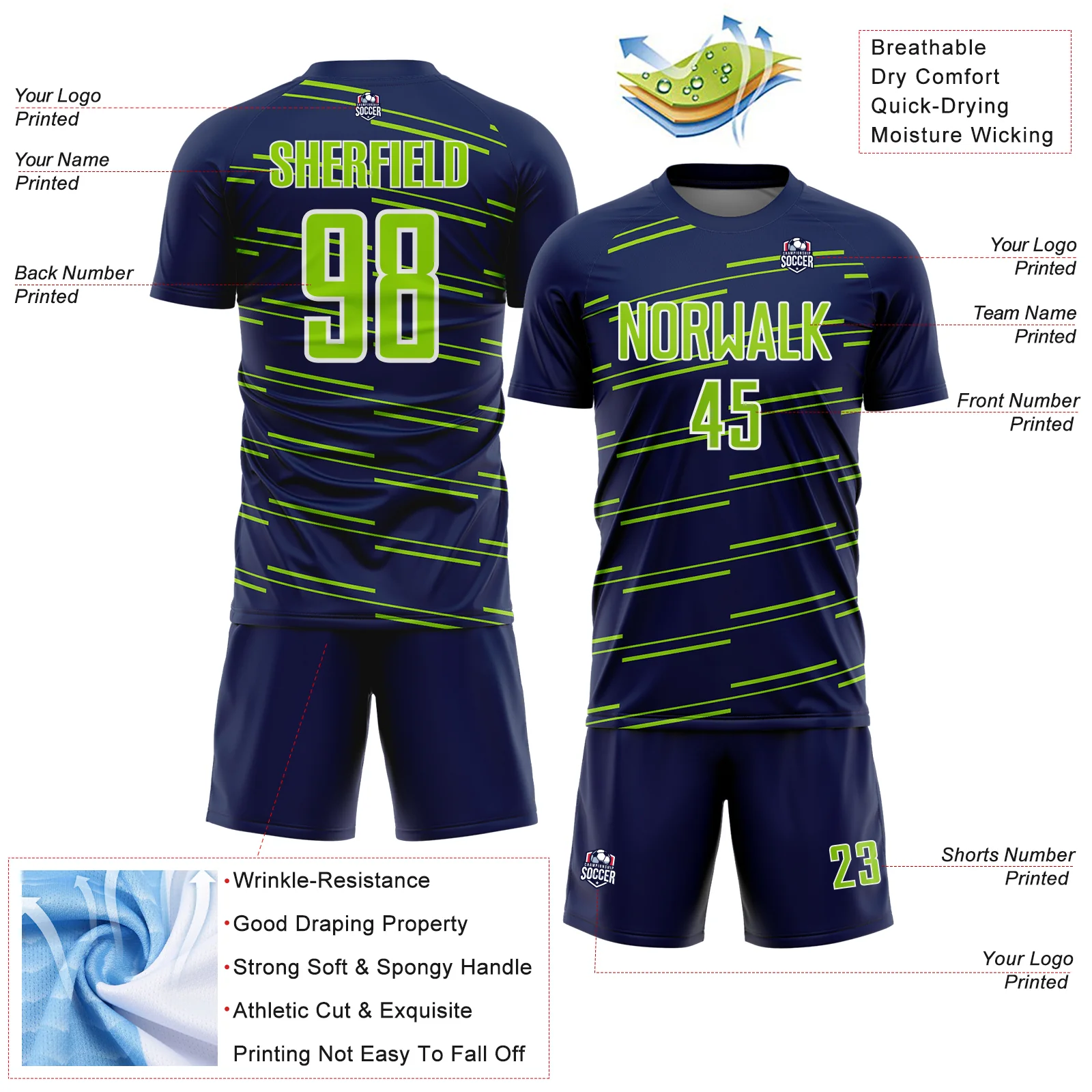 Custom Navy Neon Green-White Diagonal Pinstripes Lines Sports Sublimation Soccer Uniform Jersey - Image 4