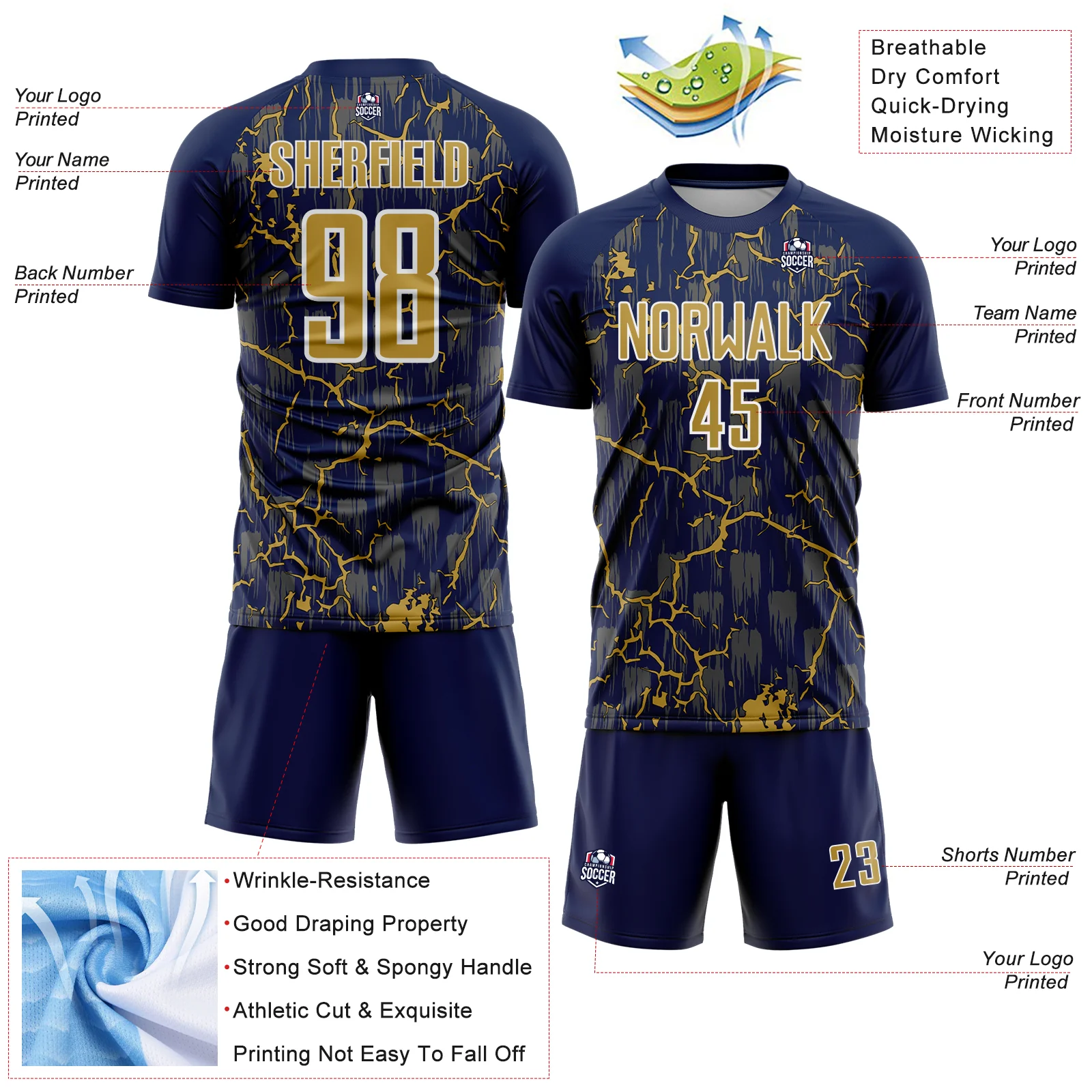 Custom Navy Old Gold-White Lightning Sublimation Soccer Uniform Jersey - Image 4