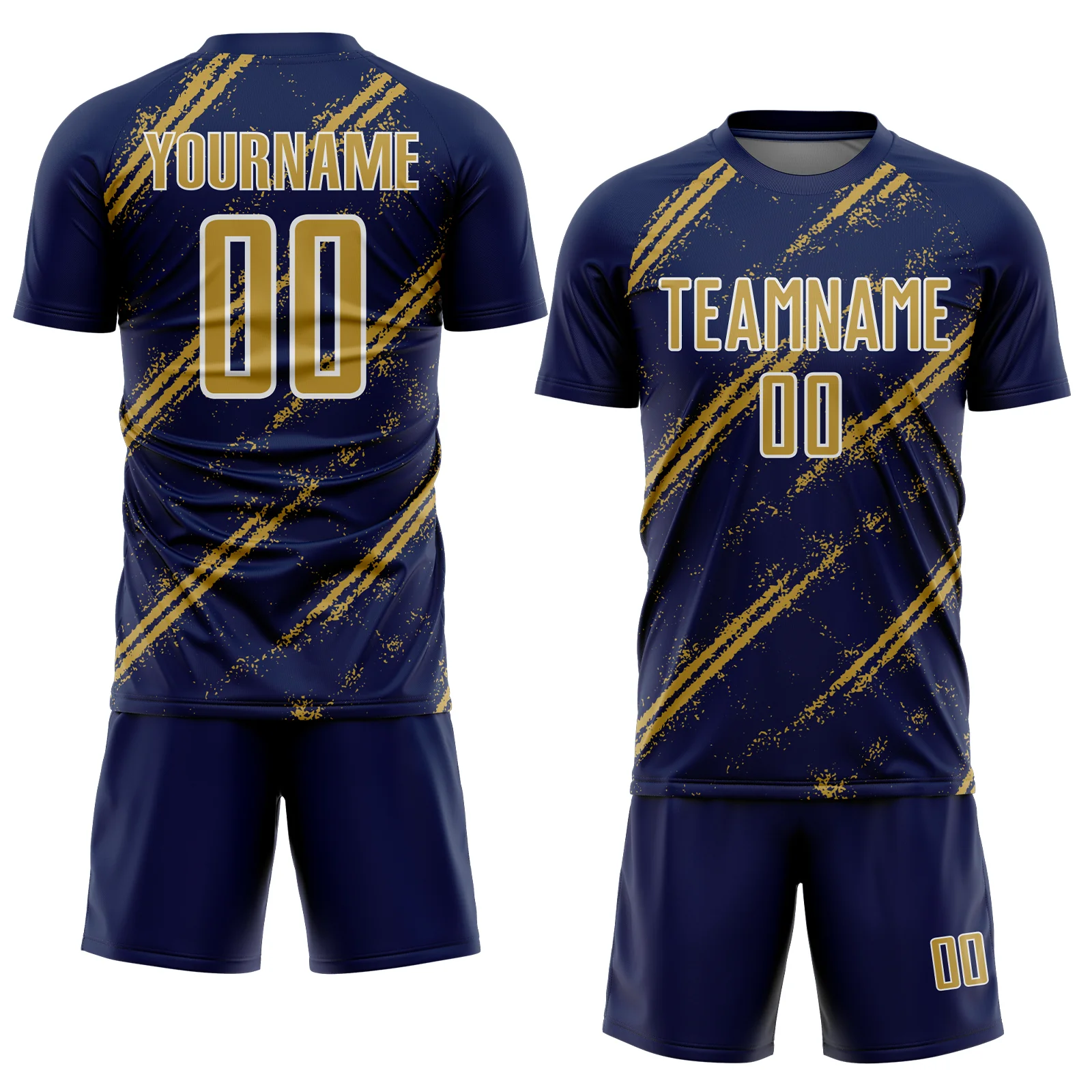 Custom Navy Old Gold-White Abstract Fragment Art Splash Sublimation Soccer Uniform Jersey - Image 2