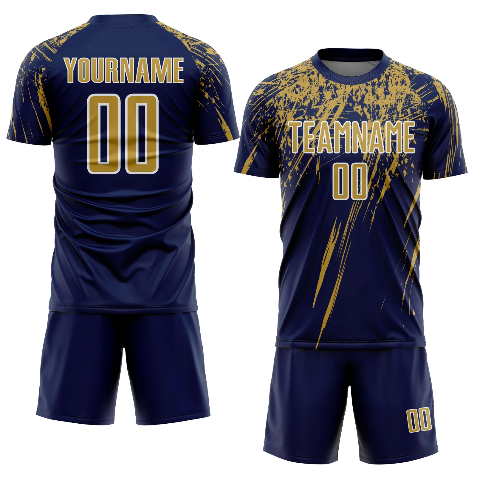 Custom Navy Old Gold-White Splash Sports Sublimation Soccer Uniform Jersey - Image 2