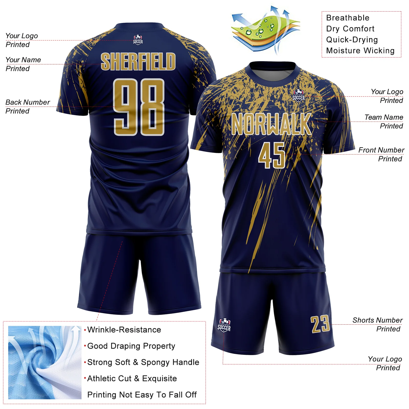 Custom Navy Old Gold-White Splash Sports Sublimation Soccer Uniform Jersey - Image 4