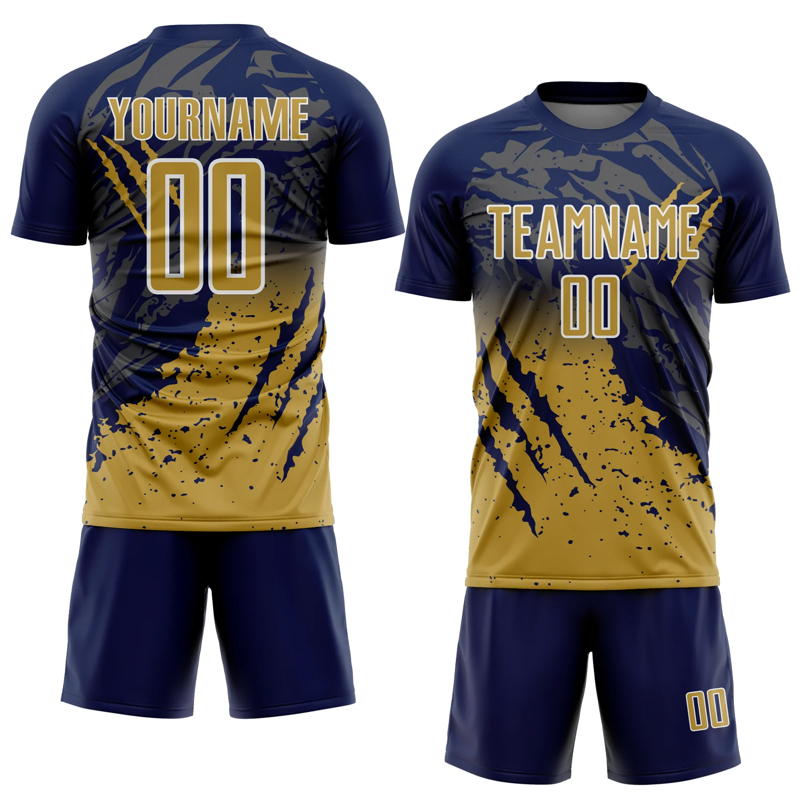 Custom Navy Old Gold-White Gradient Claw Mark Splatter Sports Sublimation Soccer Uniform Jersey - Image 2