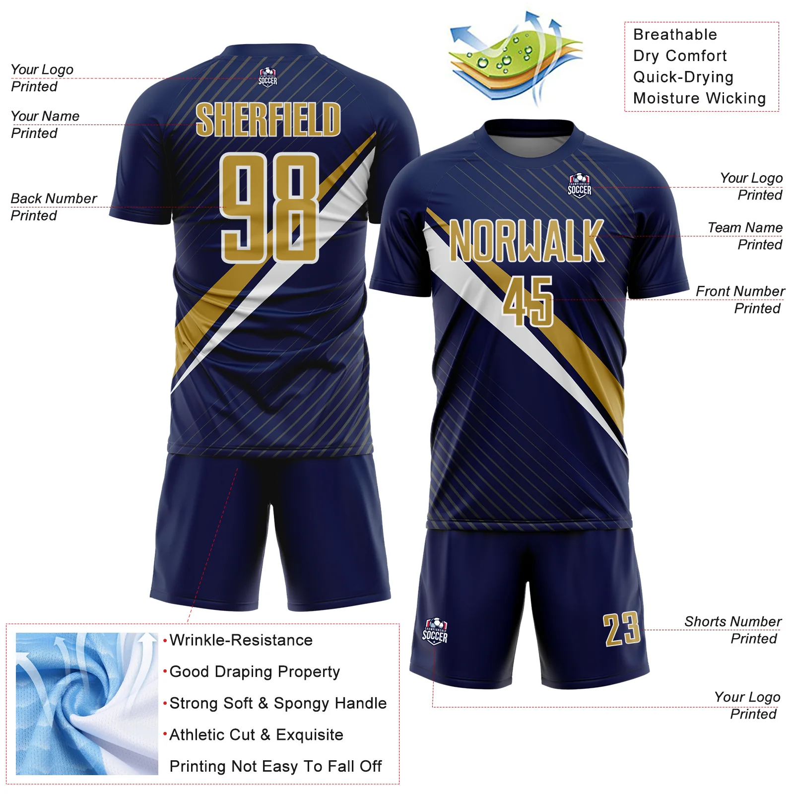 Custom Navy Old Gold-White Diagonal Stripes Sports Sublimation Soccer Uniform Jersey - Image 4