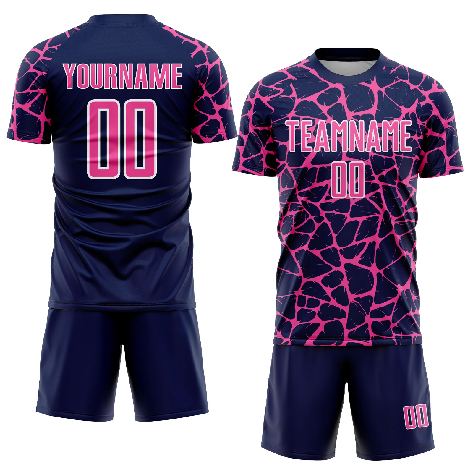 Custom Navy Pink-White Abstract Network Splash Sublimation Soccer Uniform Jersey - Image 2
