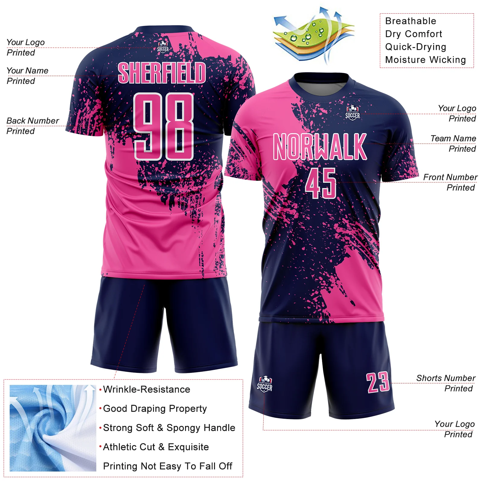 Custom Navy Pink-White Abstract Brush Stroke Sports Sublimation Soccer Uniform Jersey - Image 4