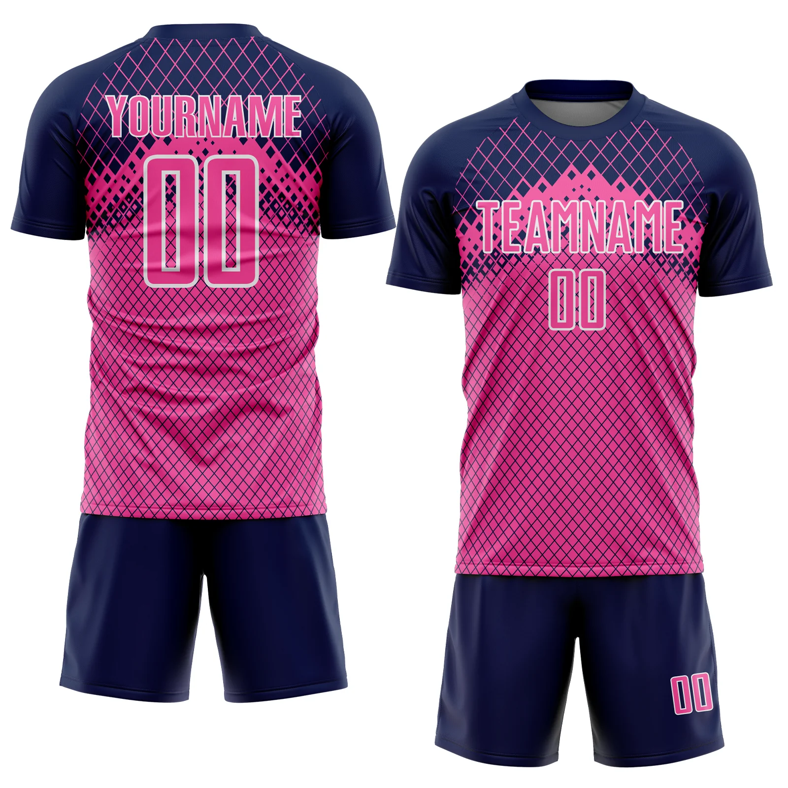 Custom Navy Pink-White Gradient Diamond Grid Sports Sublimation Soccer Uniform Jersey - Image 2