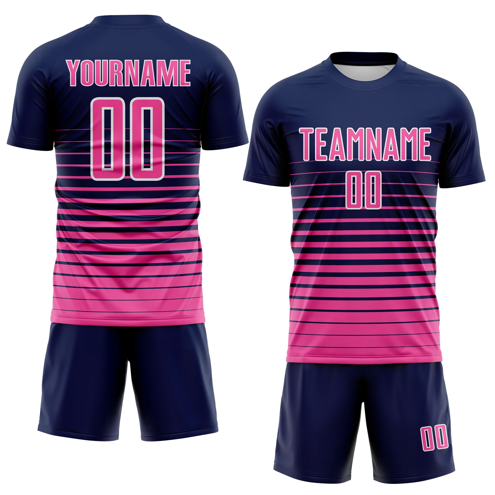 Custom Navy Pink-White Gradient Pinstripe Sublimation Soccer Uniform Jersey - Image 2