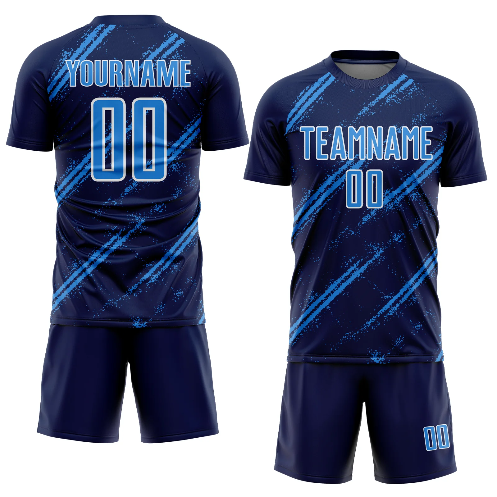 Custom Navy Powder Blue-White Abstract Fragment Art Splash Sublimation Soccer Uniform Jersey - Image 2