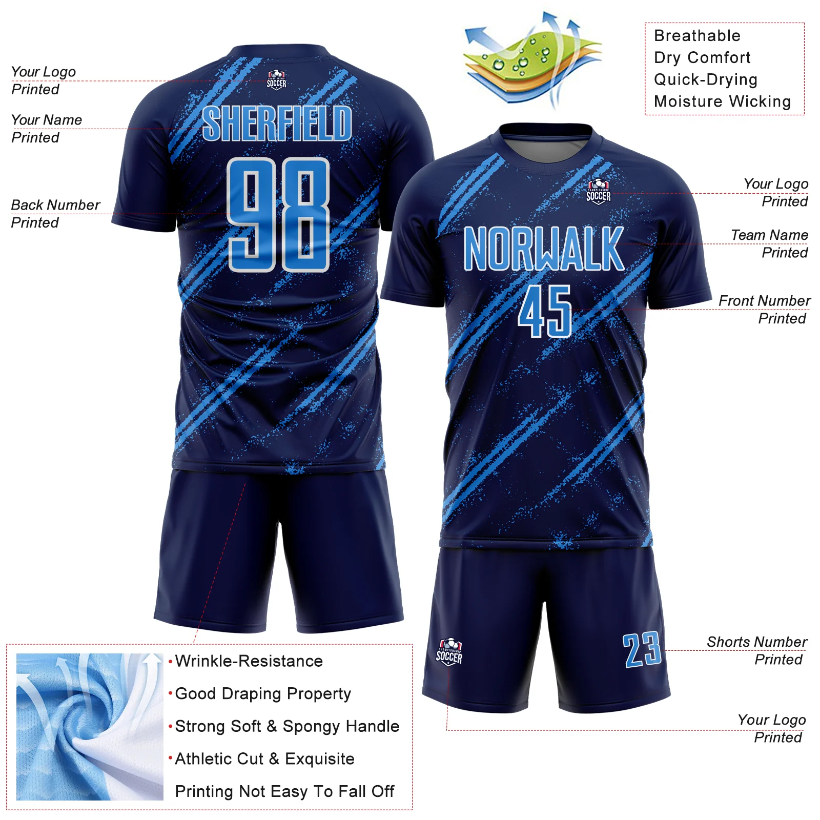 Custom Navy Powder Blue-White Abstract Fragment Art Splash Sublimation Soccer Uniform Jersey - Image 4