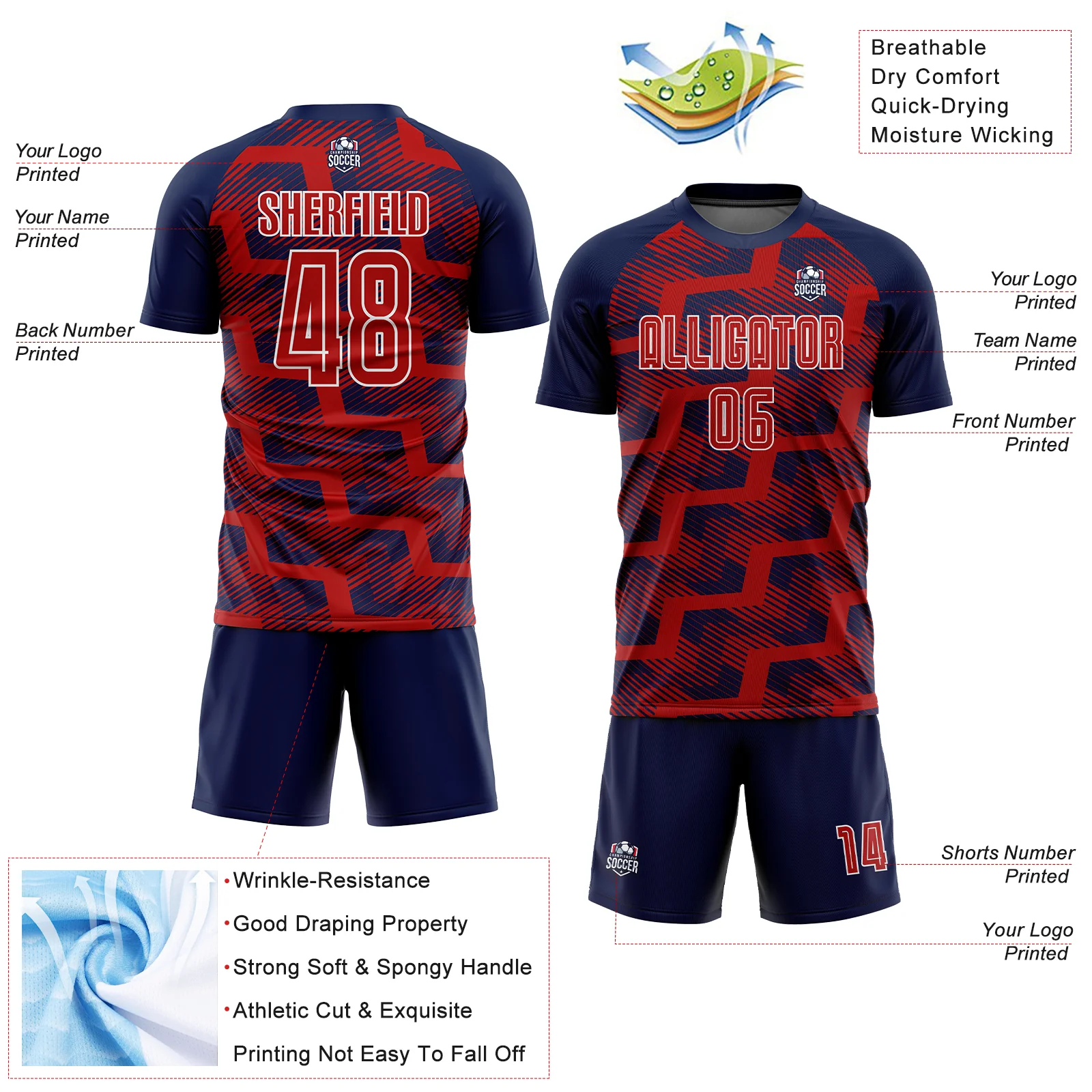 Custom Navy Red-White Line Sublimation Soccer Uniform Jersey - Image 4