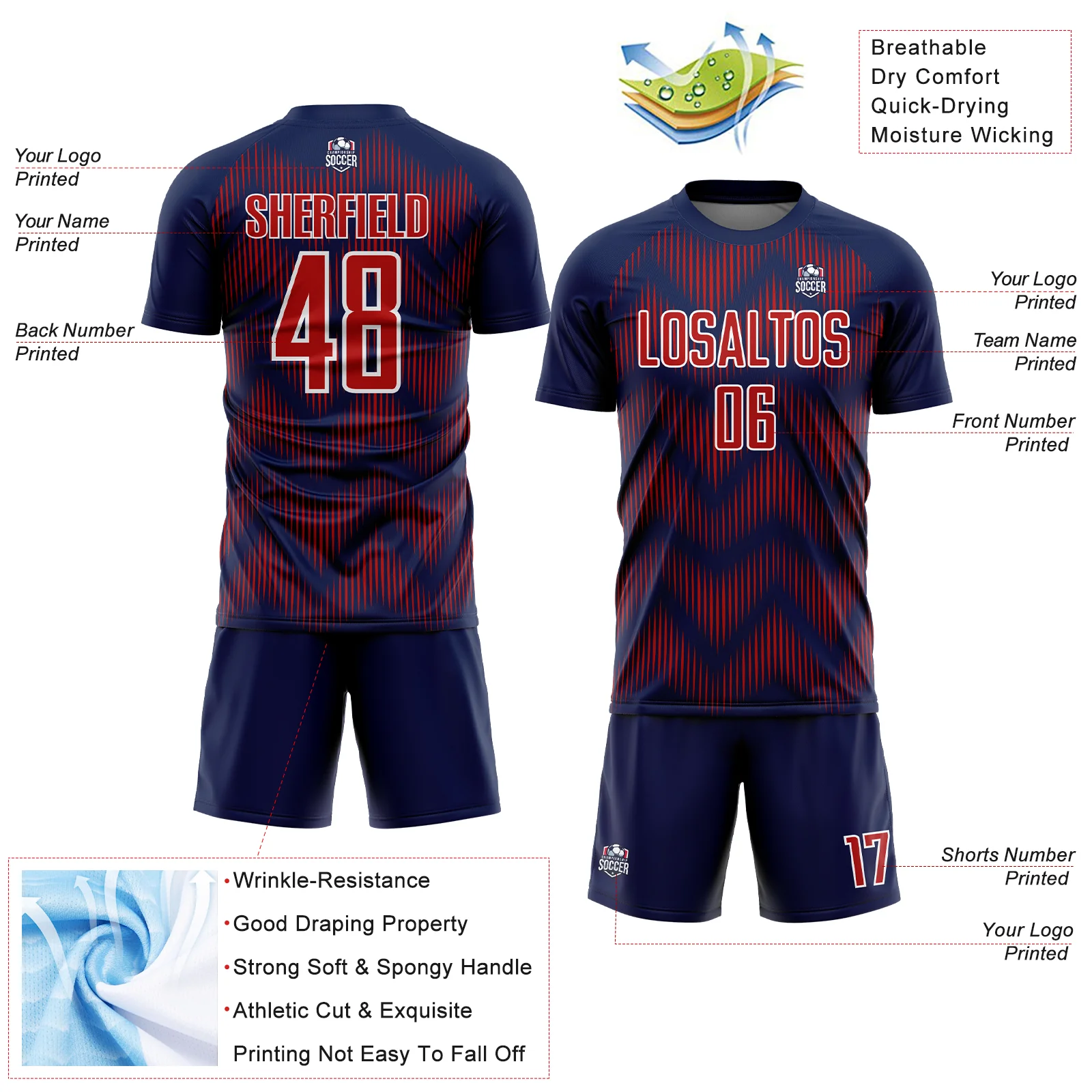 Custom Navy Red-White Line Sublimation Soccer Uniform Jersey - Image 4
