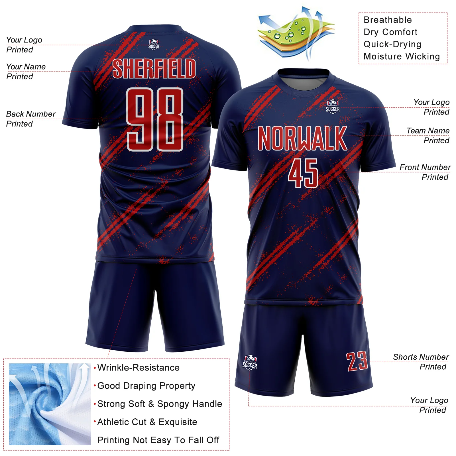 Custom Navy Red-White Abstract Fragment Art Splash Sublimation Soccer Uniform Jersey - Image 4