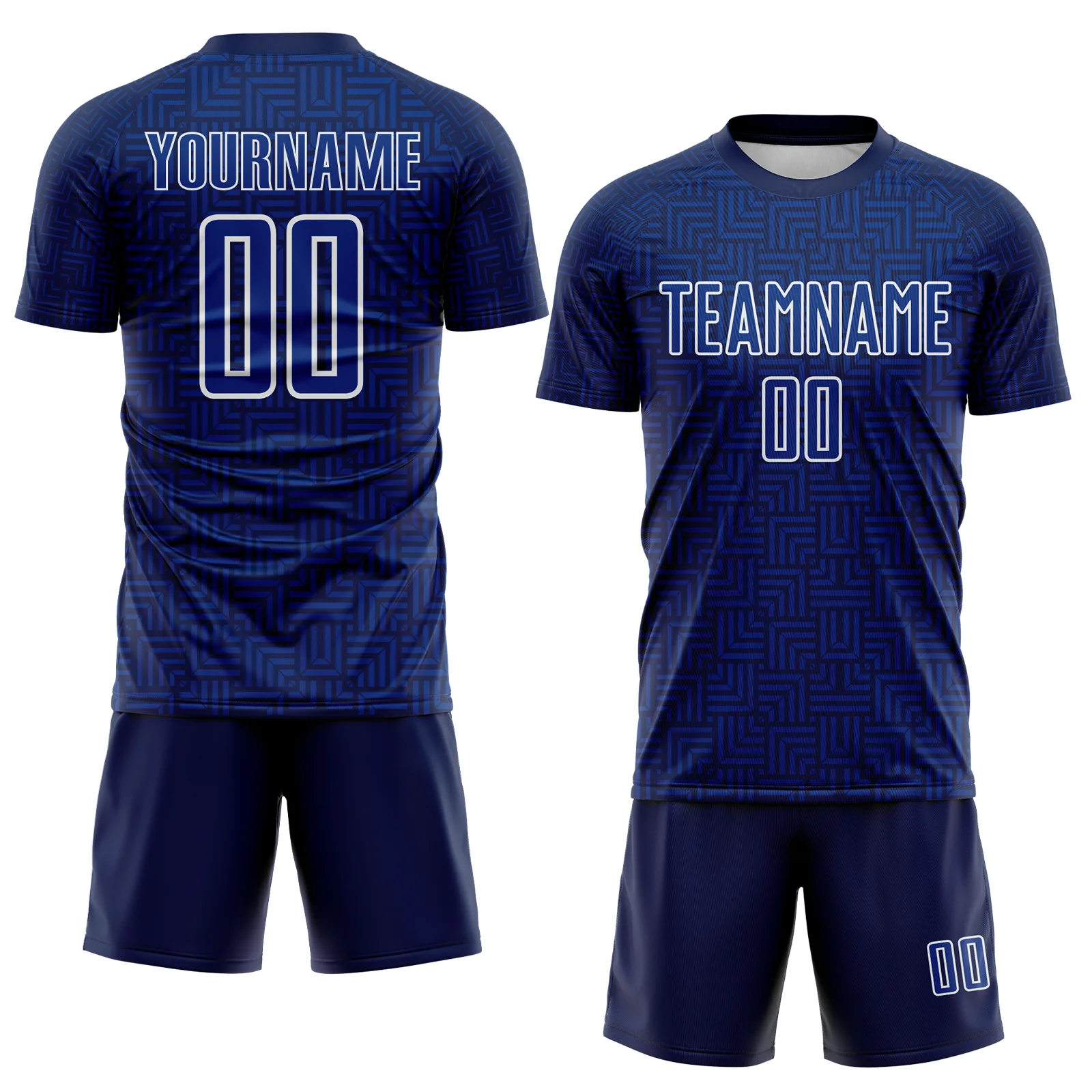 Custom Navy Royal-White Geometric Maze Interlocking Square Sports Sublimation Soccer Uniform Jersey - Image 2