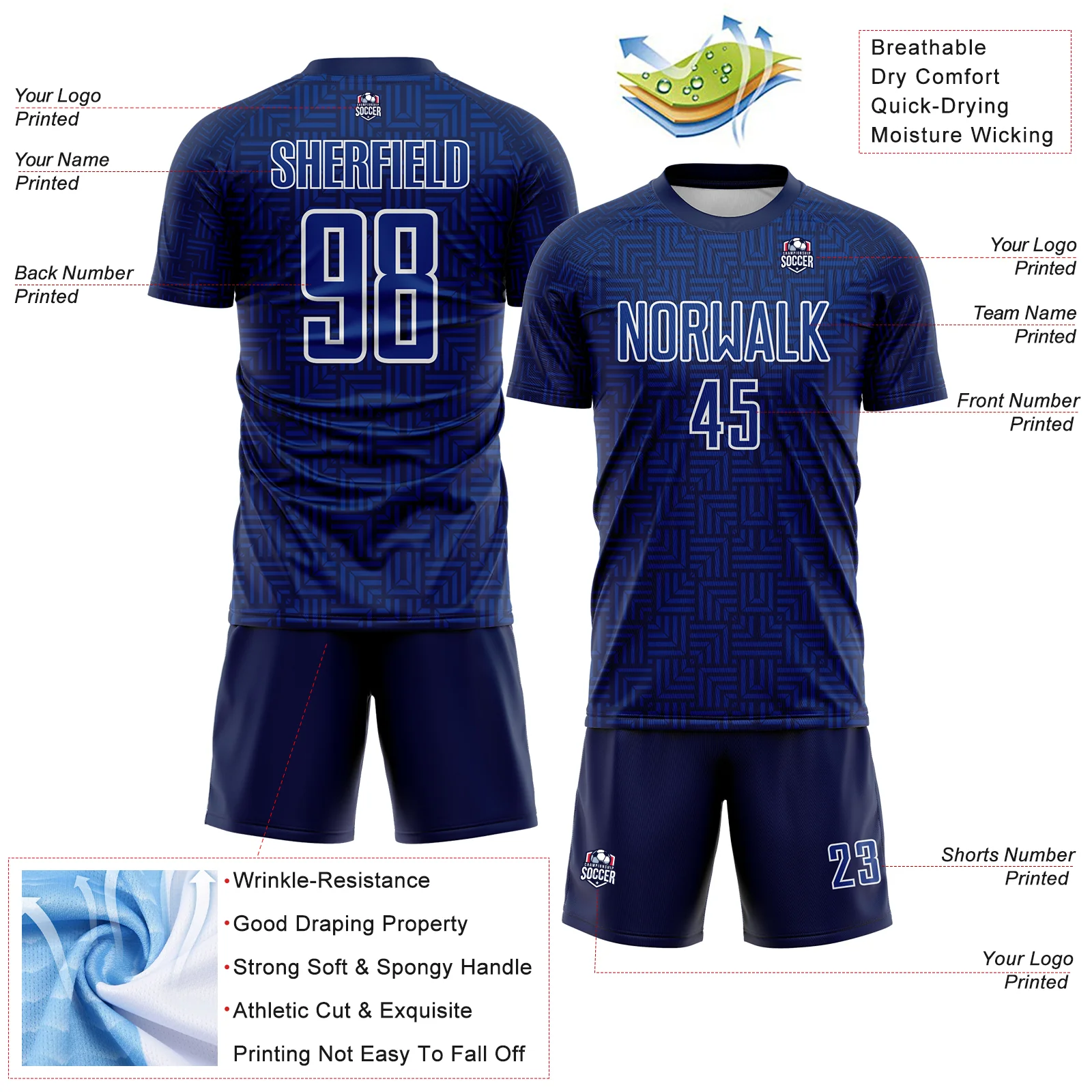 Custom Navy Royal-White Geometric Maze Interlocking Square Sports Sublimation Soccer Uniform Jersey - Image 4