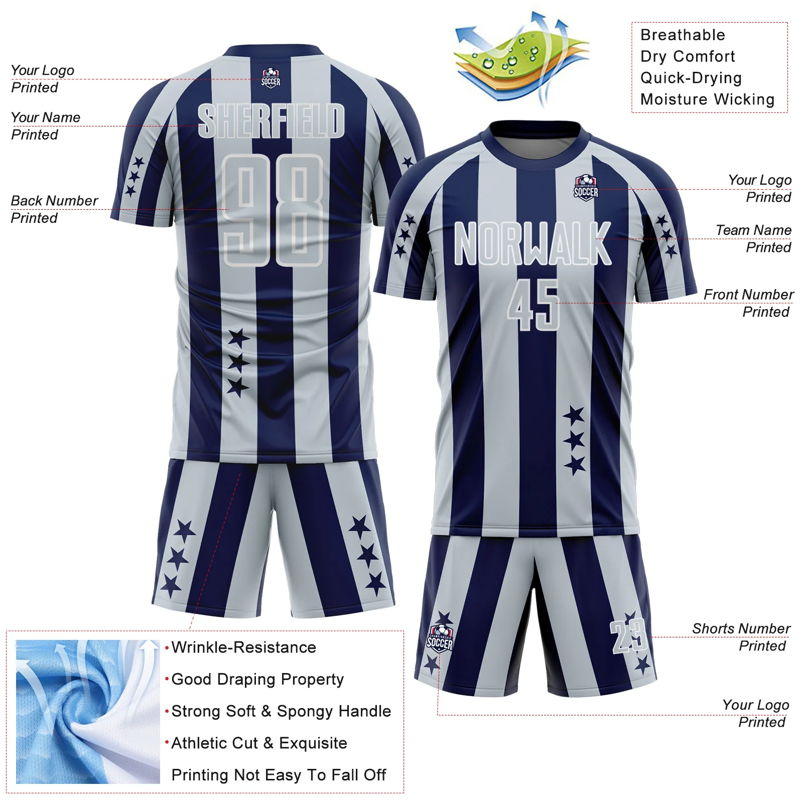 Custom Navy Silver-White Stars And Stripes Sports Sublimation Soccer Uniform Jersey - Image 4