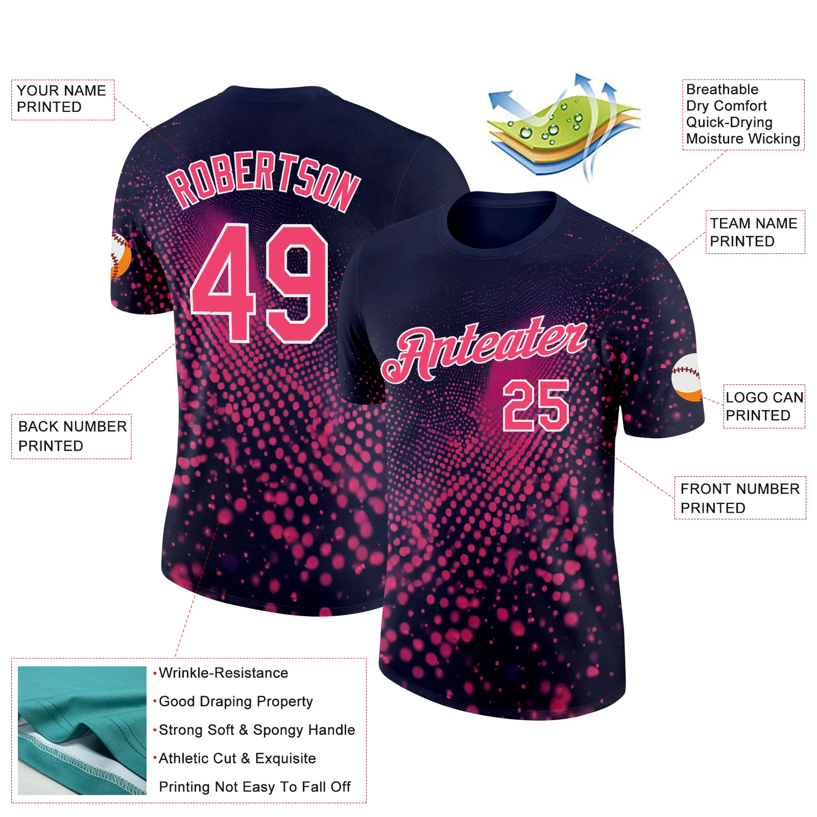 Custom Navy Neon Pink-White 3D Pattern Design Gradient Neon Sportswear Performance T-Shirt - Image 2