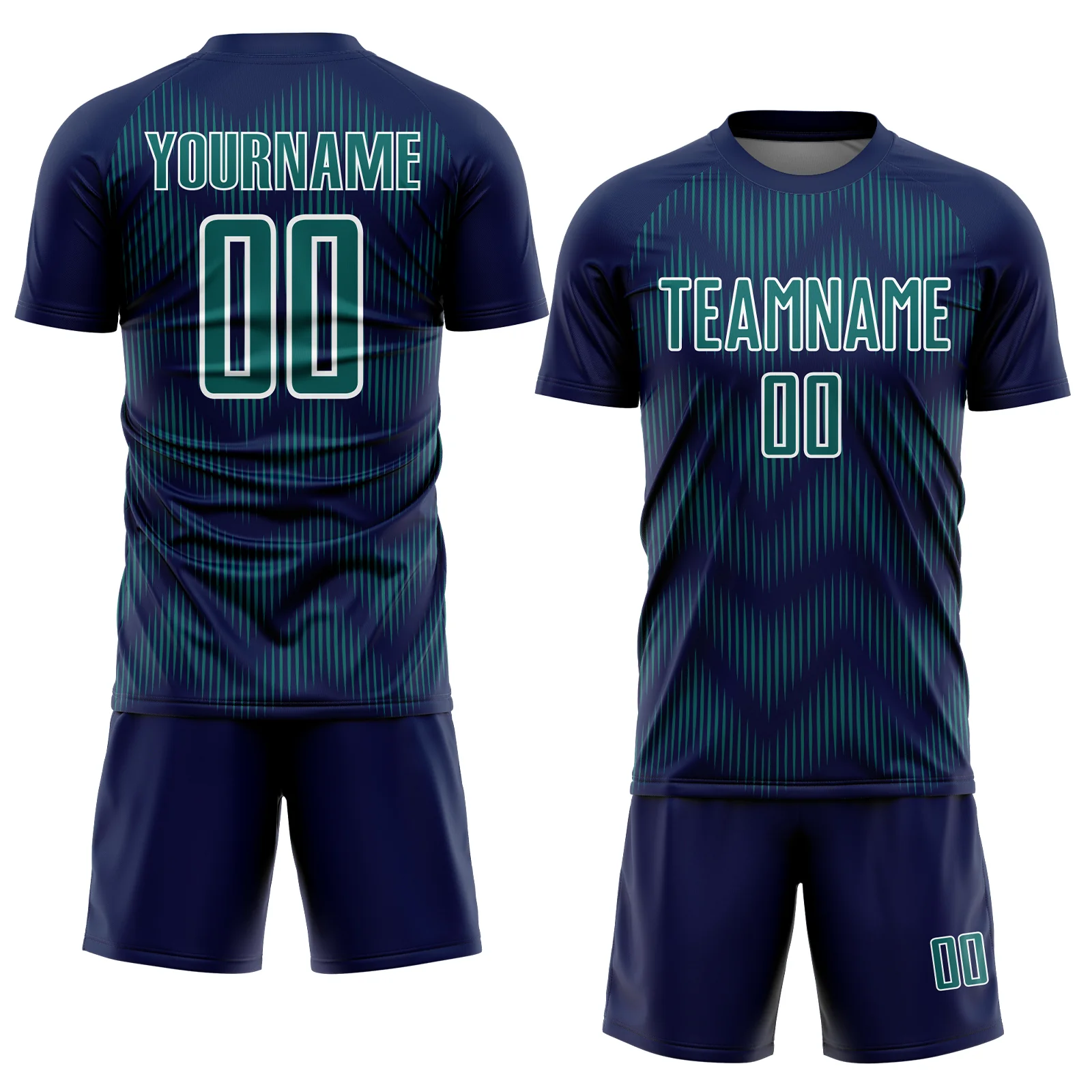 Custom Navy Teal-White Line Sublimation Soccer Uniform Jersey - Image 2