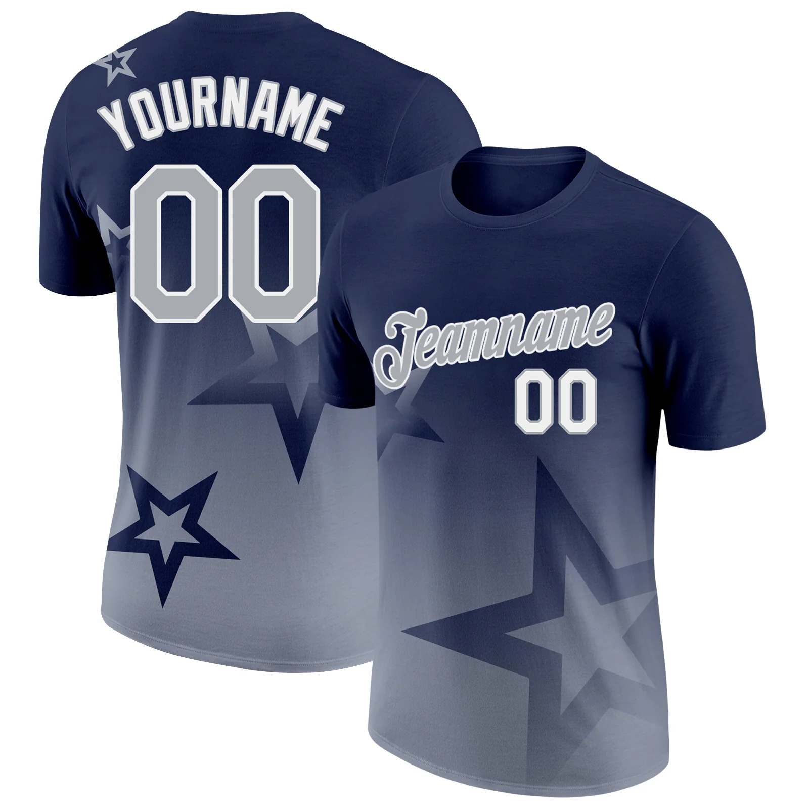 Custom Navy Gray-White 3D Pattern Design Gradient Style Twinkle Star Performance T-Shirt