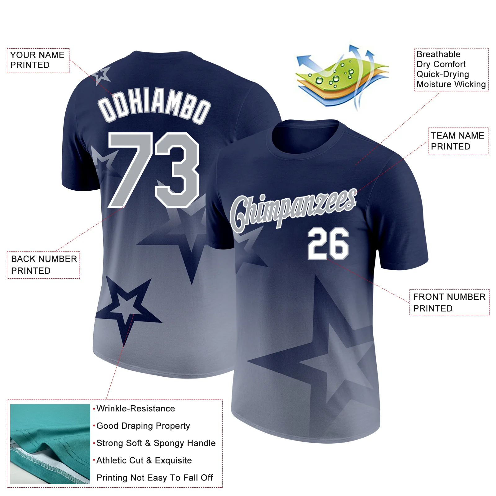 Custom Navy Gray-White 3D Pattern Design Gradient Style Twinkle Star Performance T-Shirt - Image 2