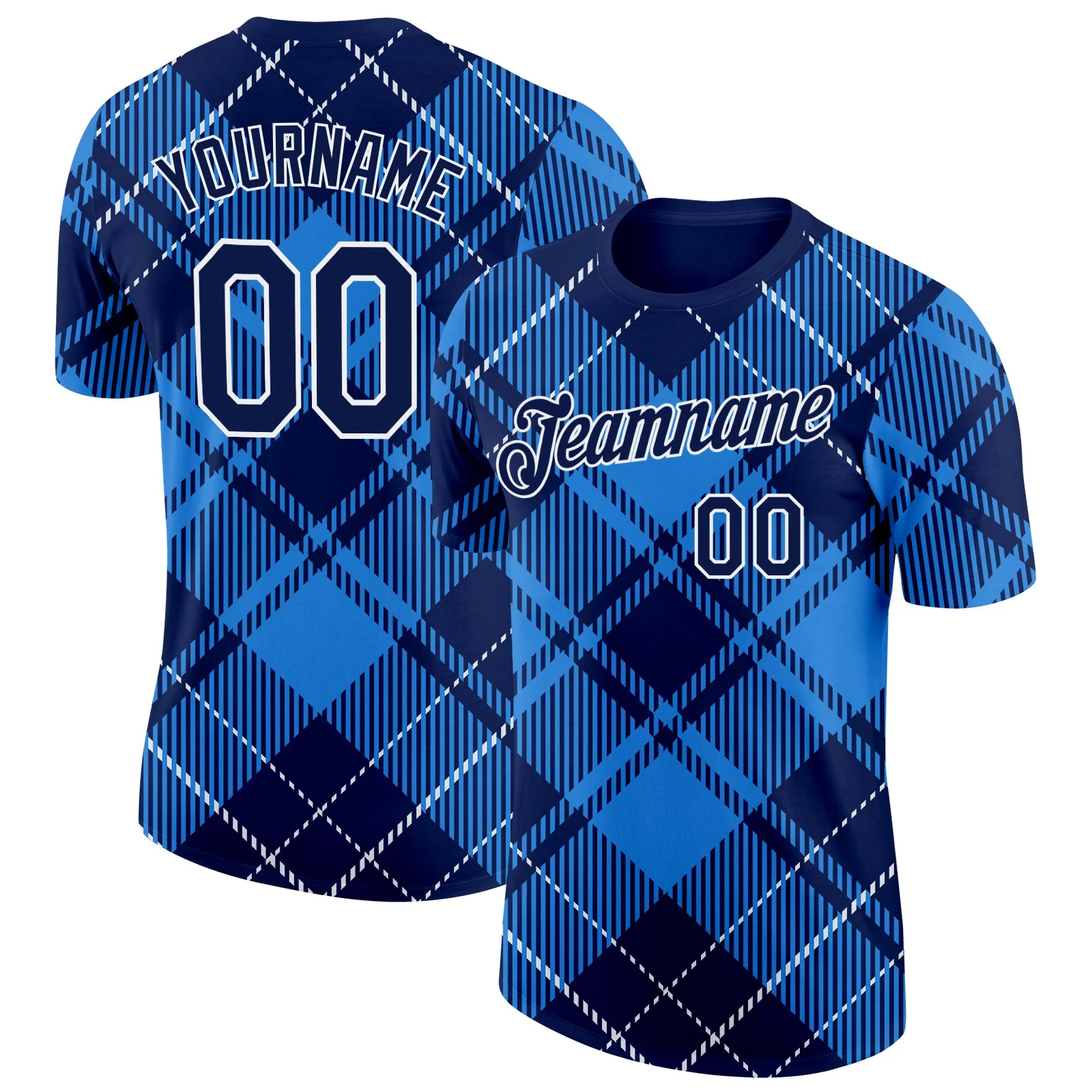 Custom Navy White-Powder Blue Scotland Plaid Soccer Jersey Performance T-Shirt