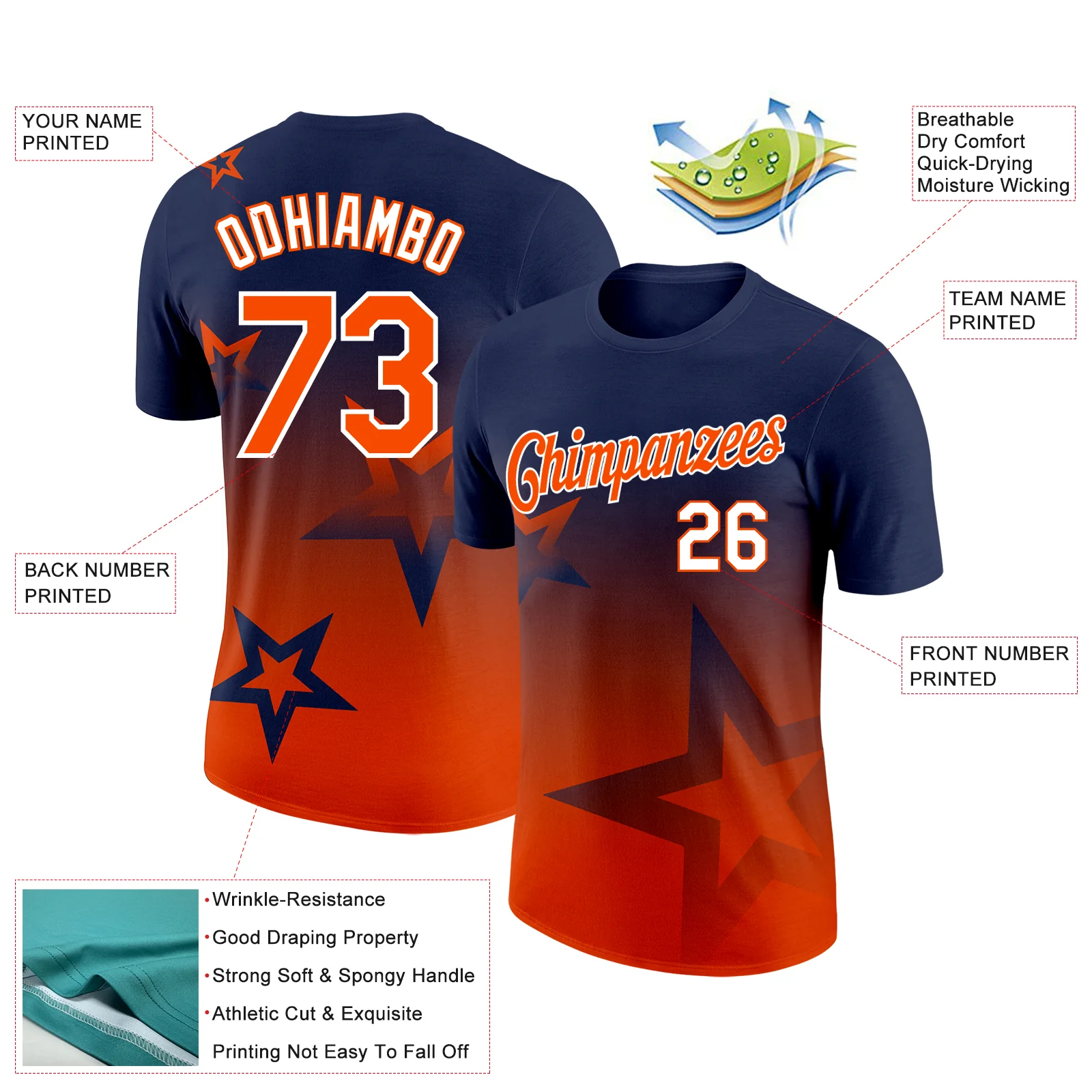 Custom Navy Orange-White 3D Pattern Design Gradient Style Twinkle Star Performance T-Shirt - Image 2