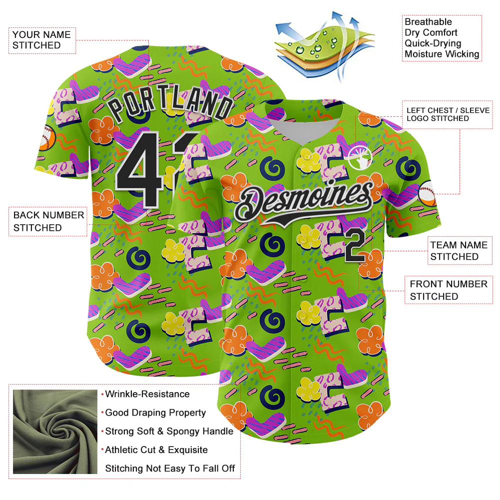 Custom Neon Green Black-White 3D Pattern Design Funny Cartoon Cloud Rain Authentic Baseball Jersey - Image 3