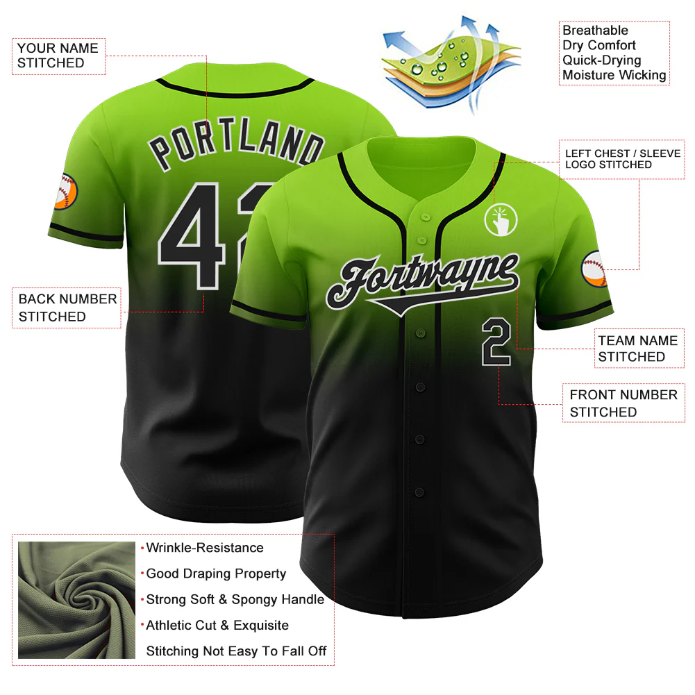 Custom Neon Green Black-White Authentic Fade Fashion Baseball Jersey - Image 3