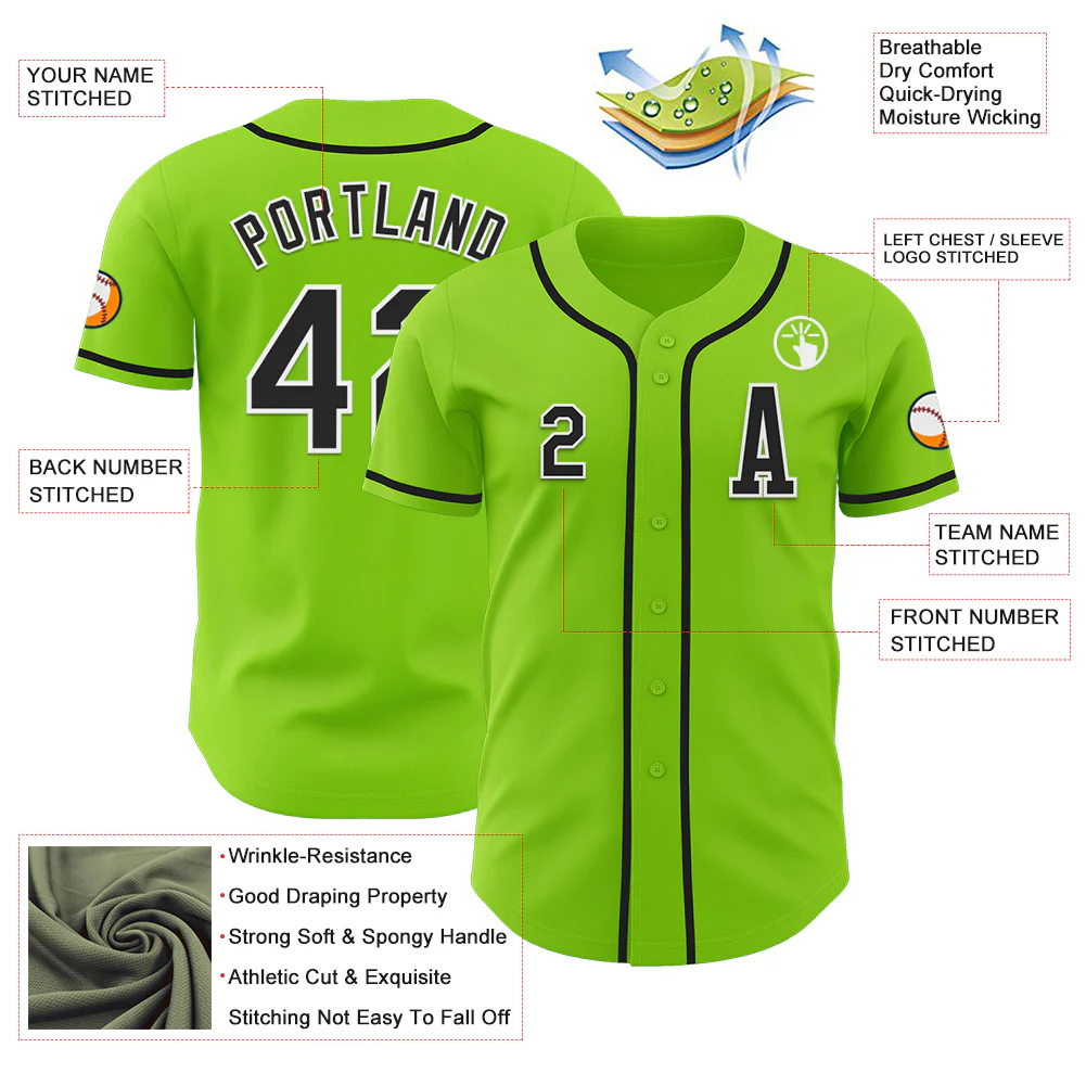 Custom Neon Green Black-White Authentic Baseball Jersey - Image 2