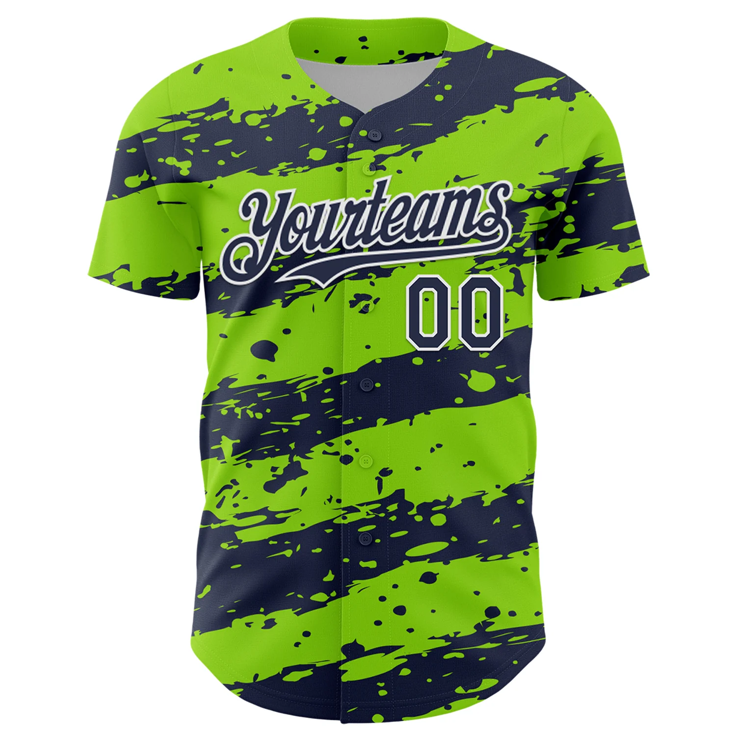 Custom Neon Green Navy-White Paint Splash Stripe Authentic Baseball Jersey - Image 2