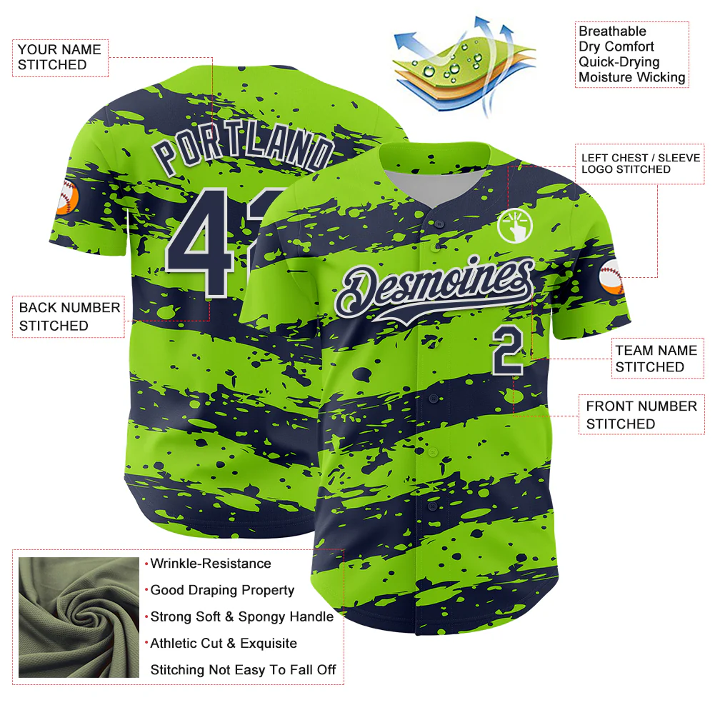 Custom Neon Green Navy-White Paint Splash Stripe Authentic Baseball Jersey - Image 3