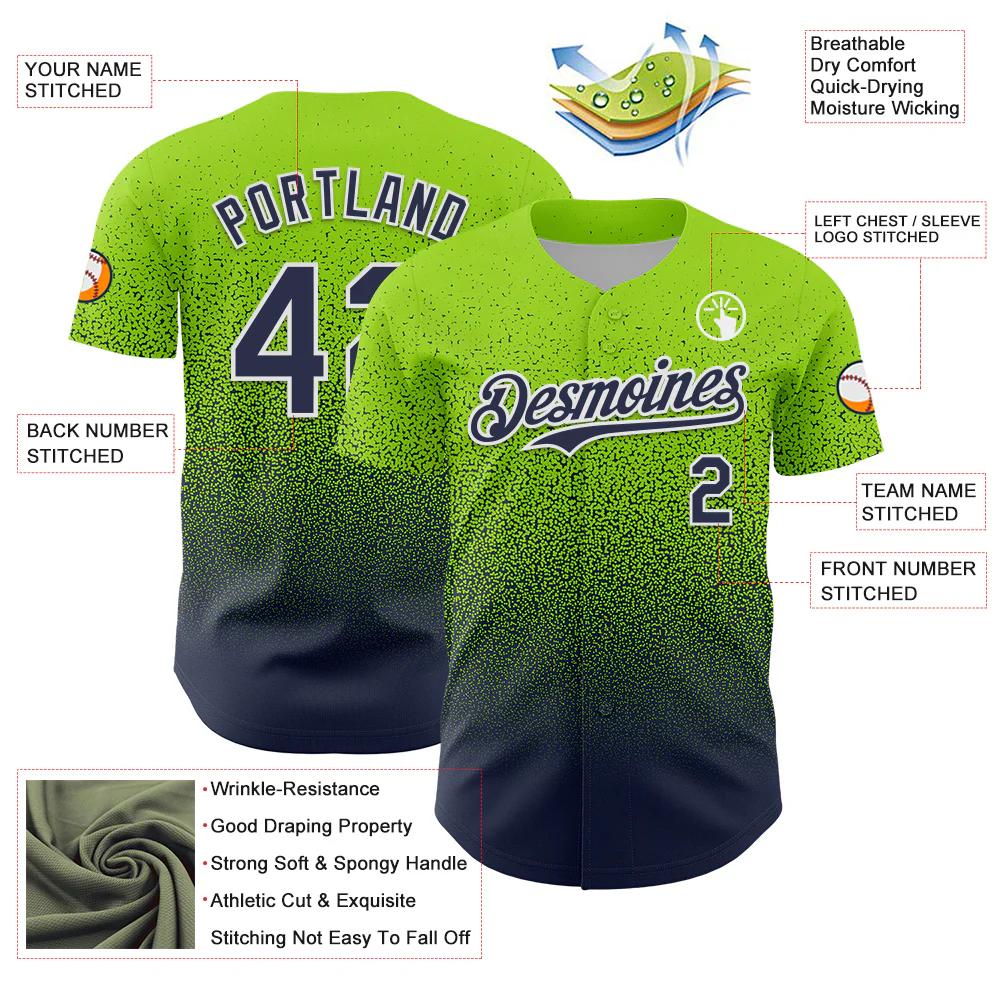 Custom Neon Green Navy-White Fade Fashion Speckle Authentic Baseball Jersey - Image 3