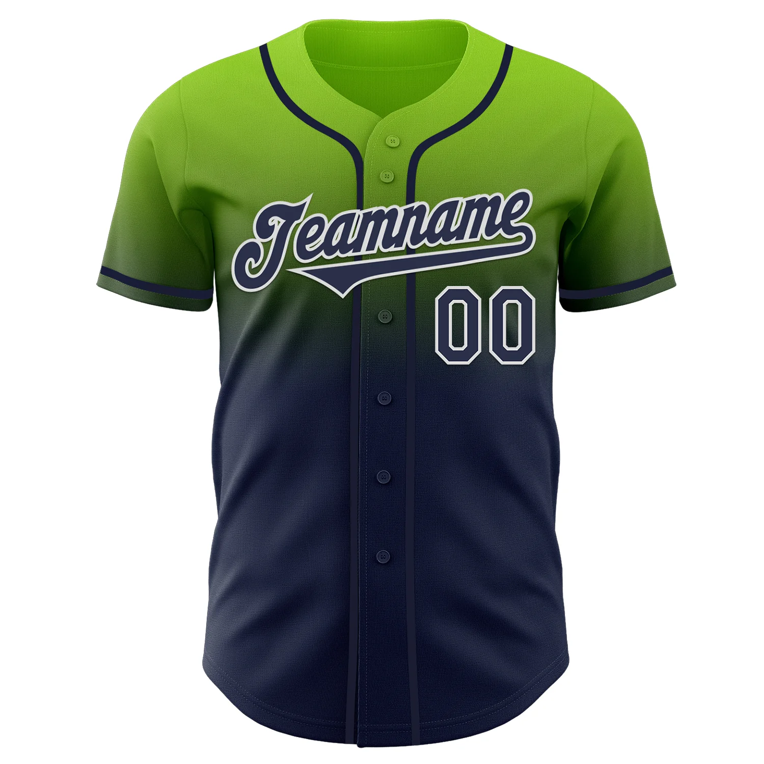 Custom Neon Green Navy-White Authentic Fade Fashion Baseball Jersey - Image 2