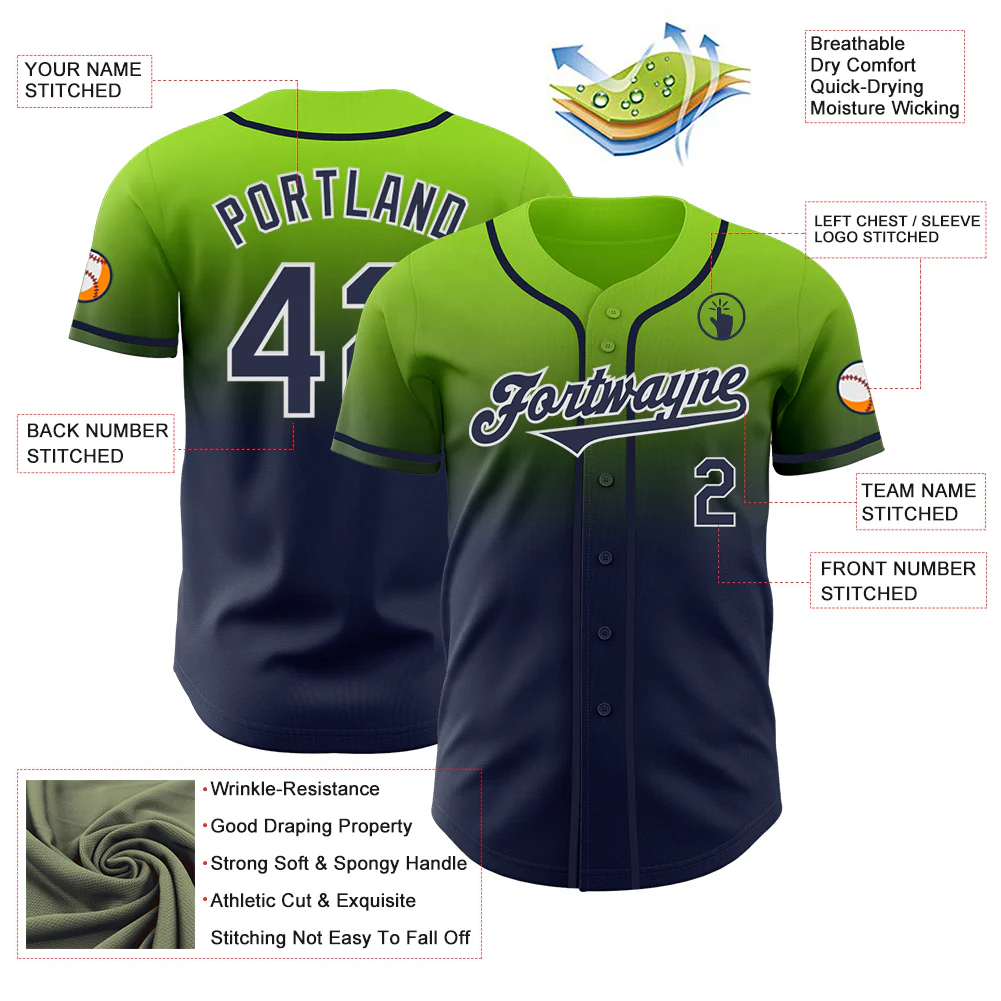 Custom Neon Green Navy-White Authentic Fade Fashion Baseball Jersey - Image 3