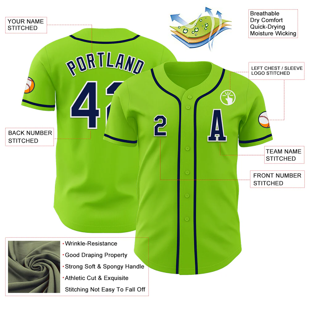 Custom Neon Green Navy-White Authentic Baseball Jersey - Image 2