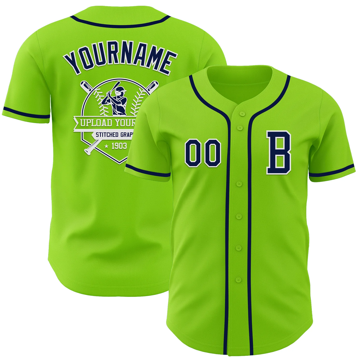 Custom Neon Green Navy-White Authentic Baseball Jersey - Image 5