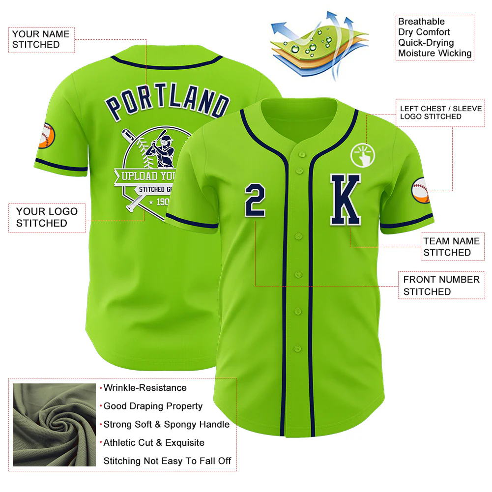 Custom Neon Green Navy-White Authentic Baseball Jersey - Image 6
