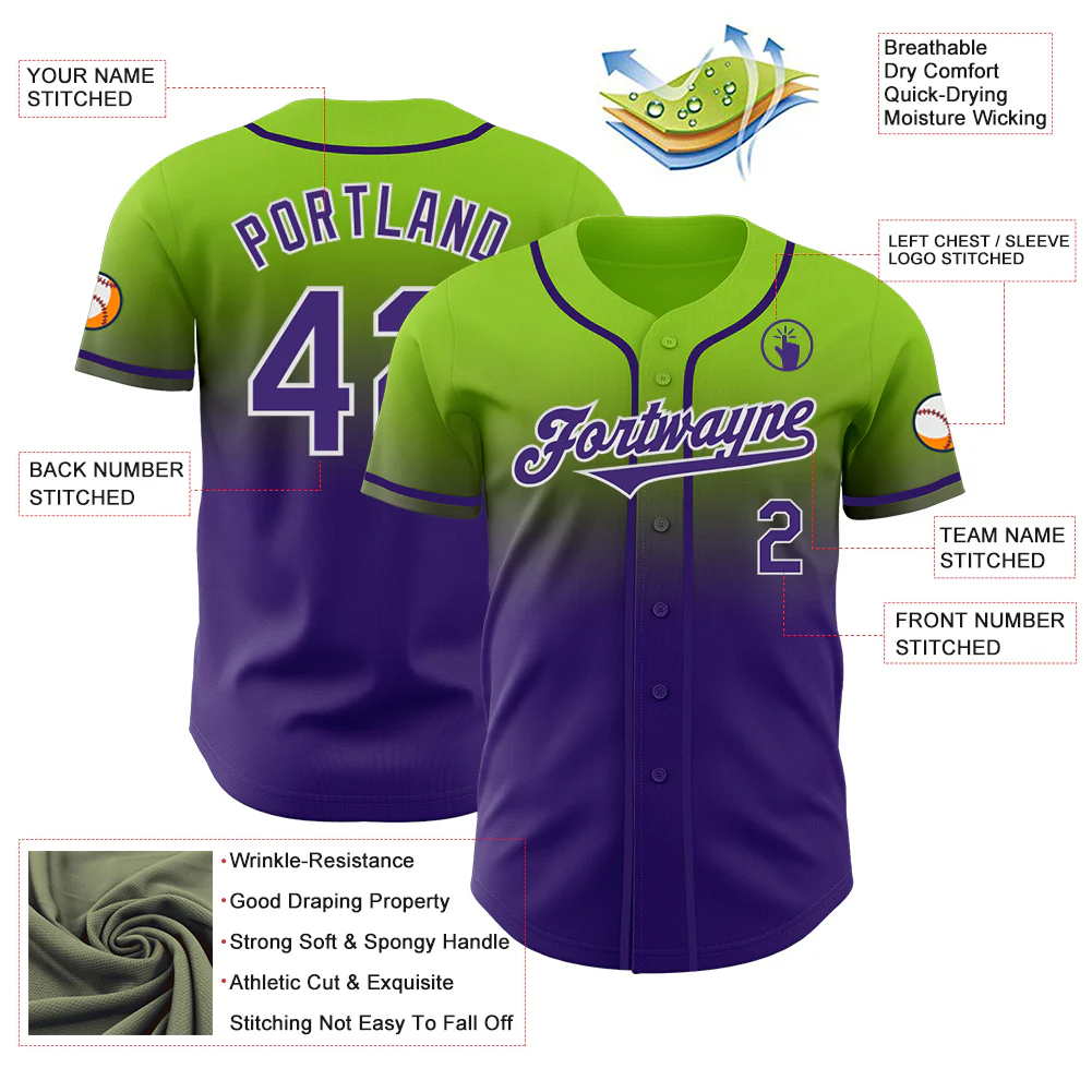 Custom Neon Green Purple-White Authentic Fade Fashion Baseball Jersey - Image 3
