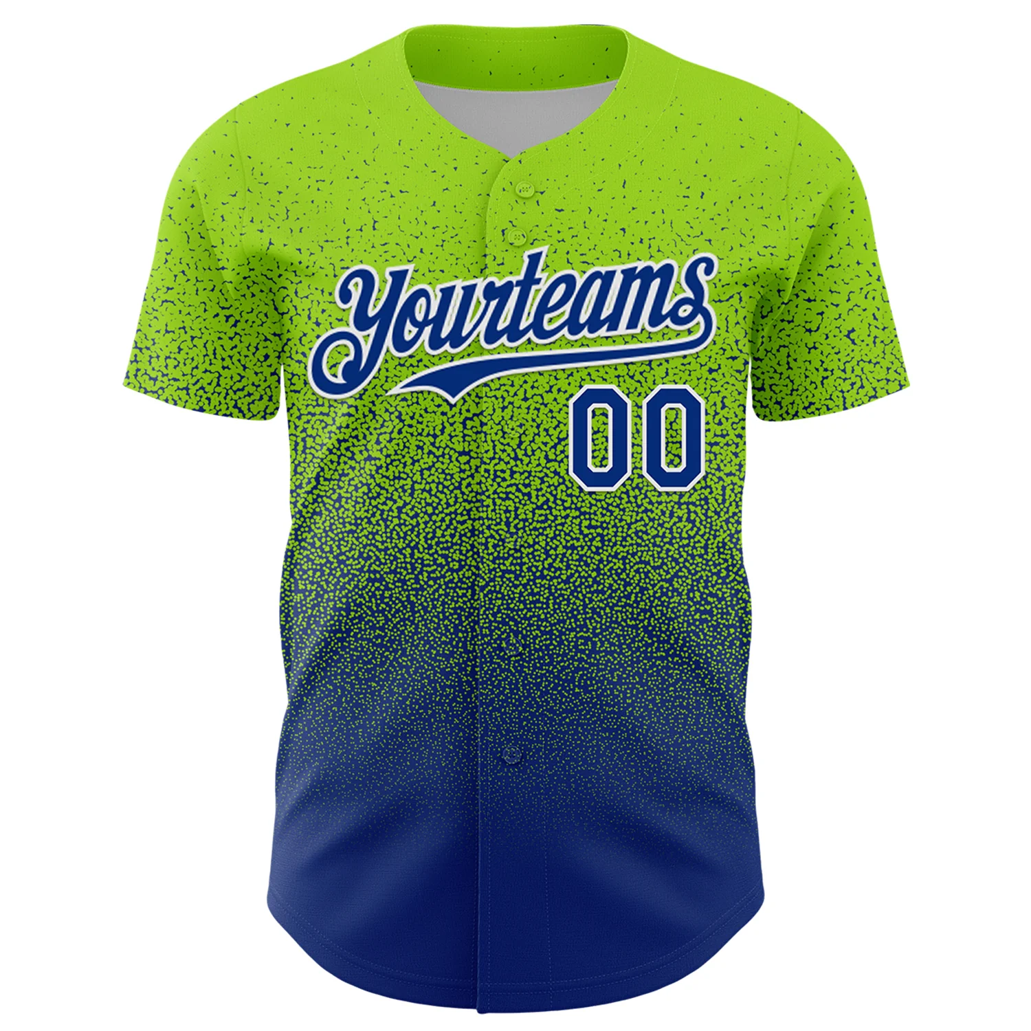 Custom Neon Green Royal-White Fade Fashion Speckle Authentic Baseball Jersey - Image 2