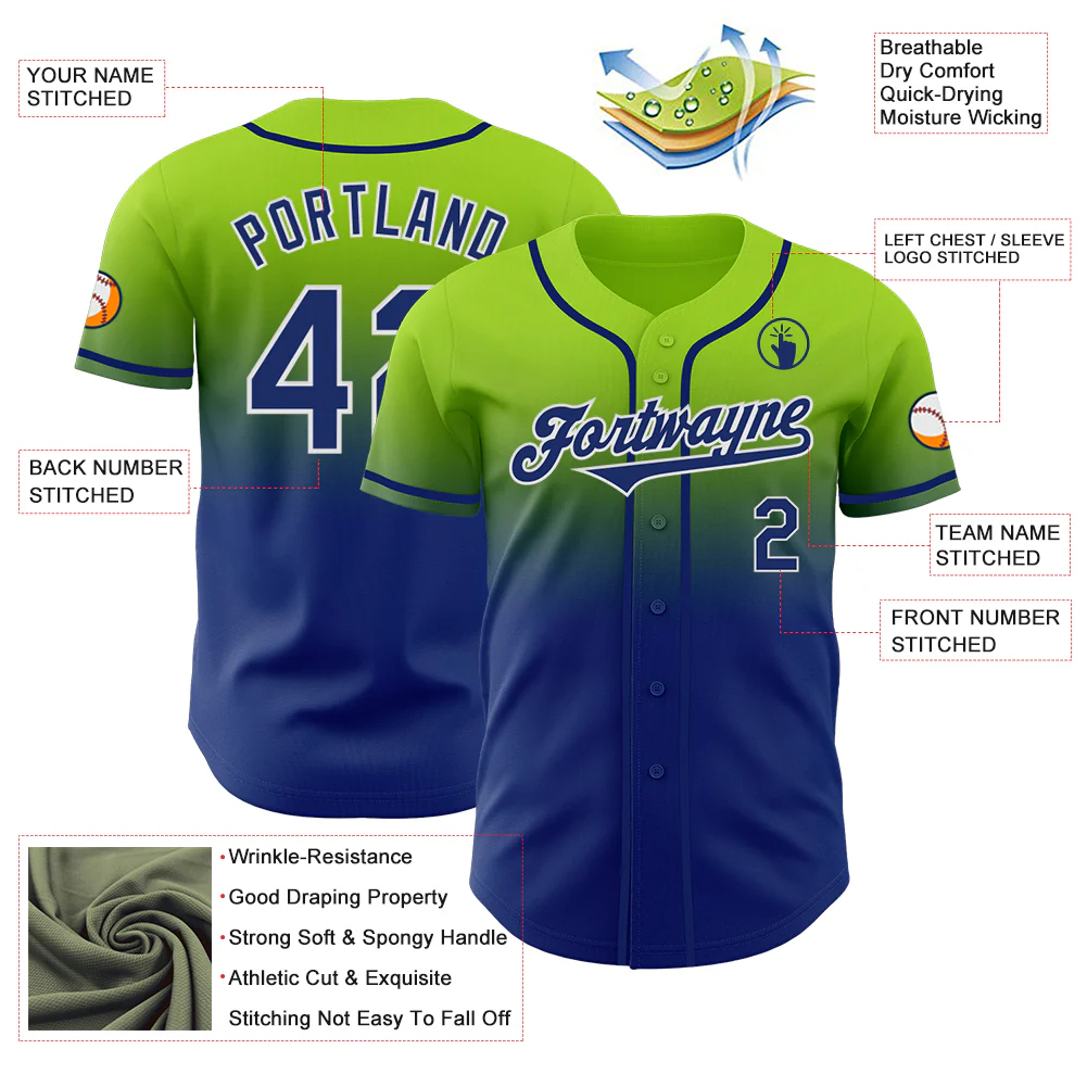 Custom Neon Green Royal-White Authentic Fade Fashion Baseball Jersey - Image 3