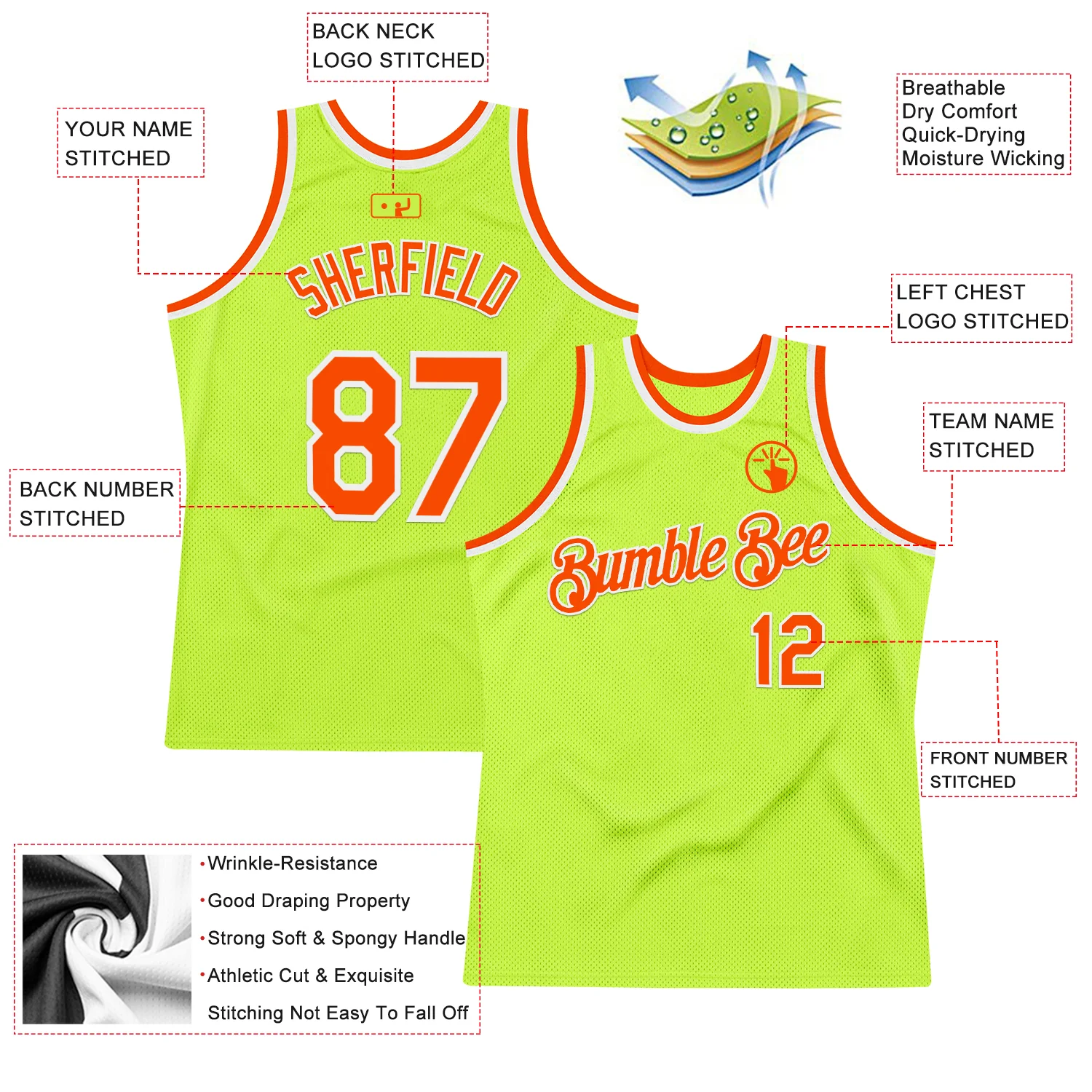 Custom Neon Green Orange-White Authentic Throwback Basketball Jersey - Image 2