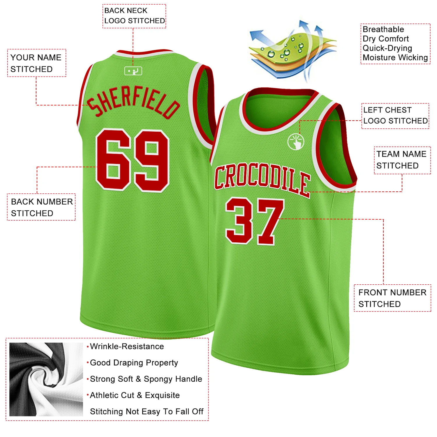 Custom Neon Green Red-White Authentic Basketball Jersey - Image 2