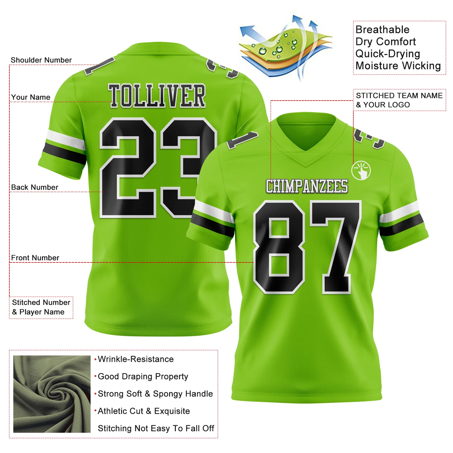 Custom Neon Green Black-White Authentic Football Jersey - Image 3