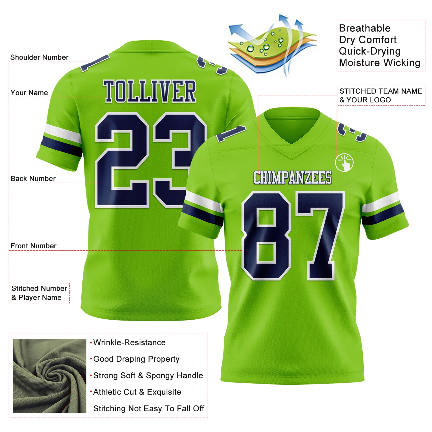 Custom Neon Green Navy-White Authentic Football Jersey - Image 3