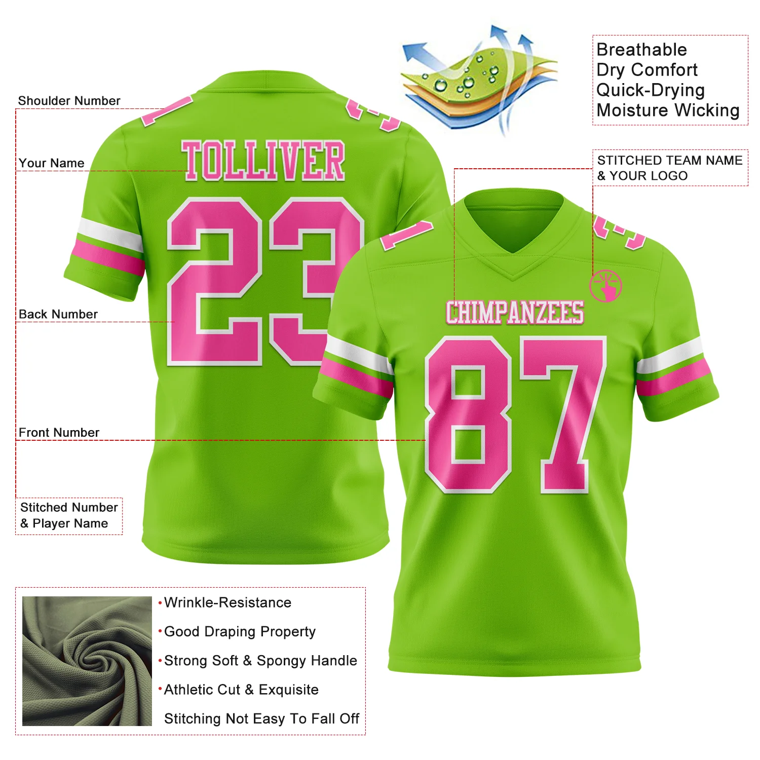 Custom Neon Green Pink-White Authentic Football Jersey - Image 3