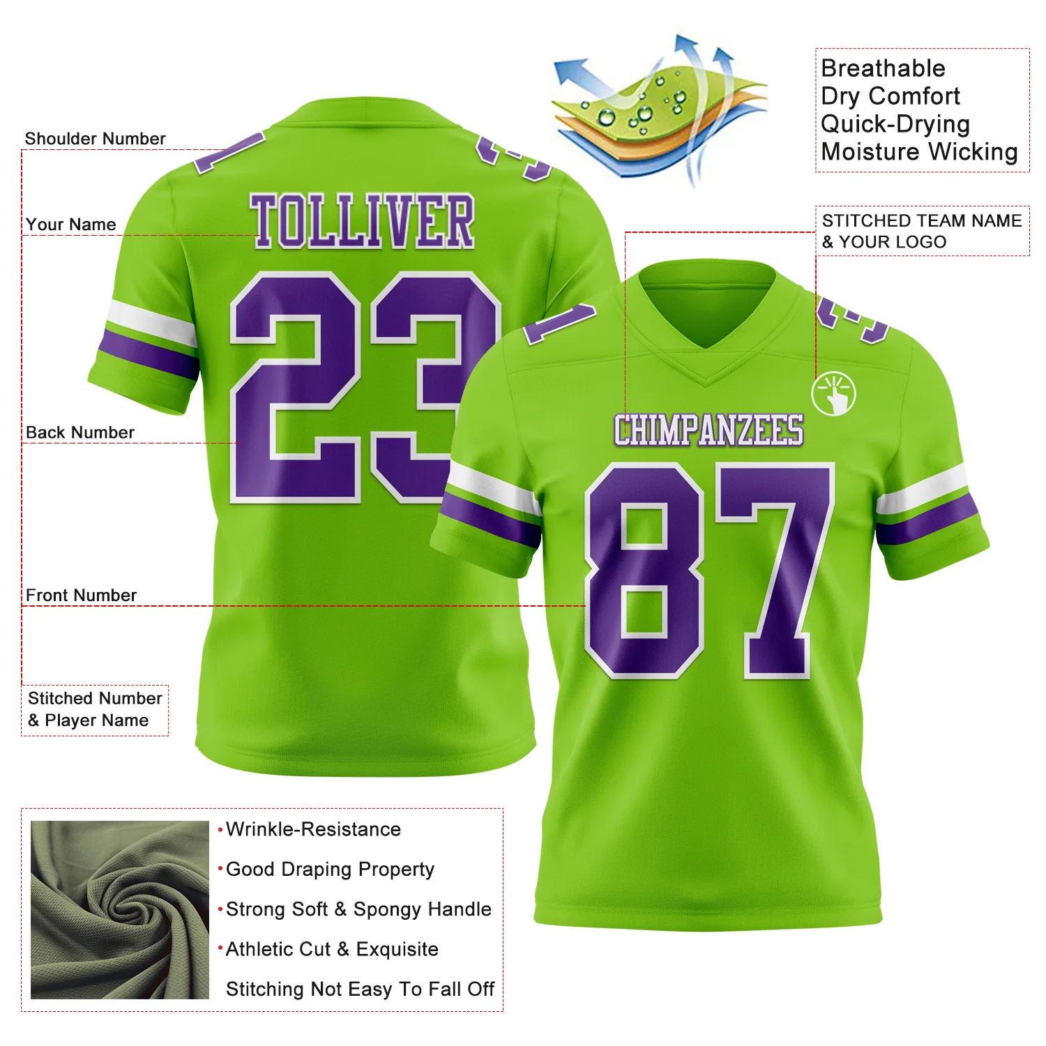 Custom Neon Green Purple-White Authentic Football Jersey - Image 3