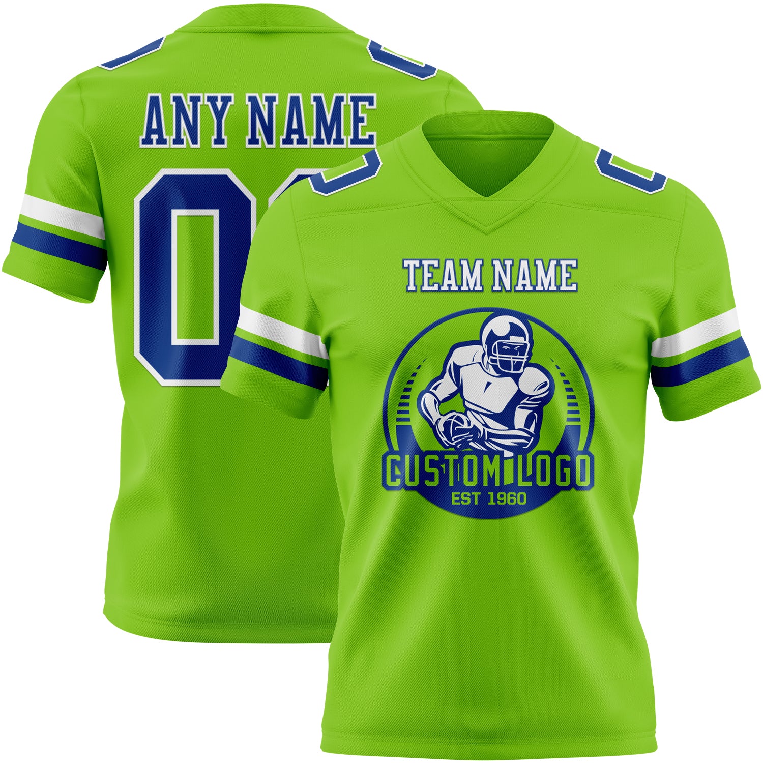 Custom Neon Green Royal-White Authentic Football Jersey - Image 2