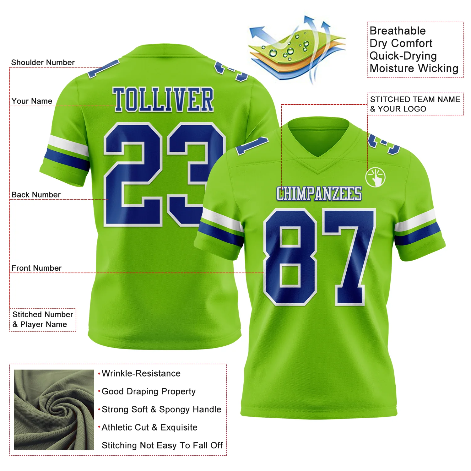 Custom Neon Green Royal-White Authentic Football Jersey - Image 3