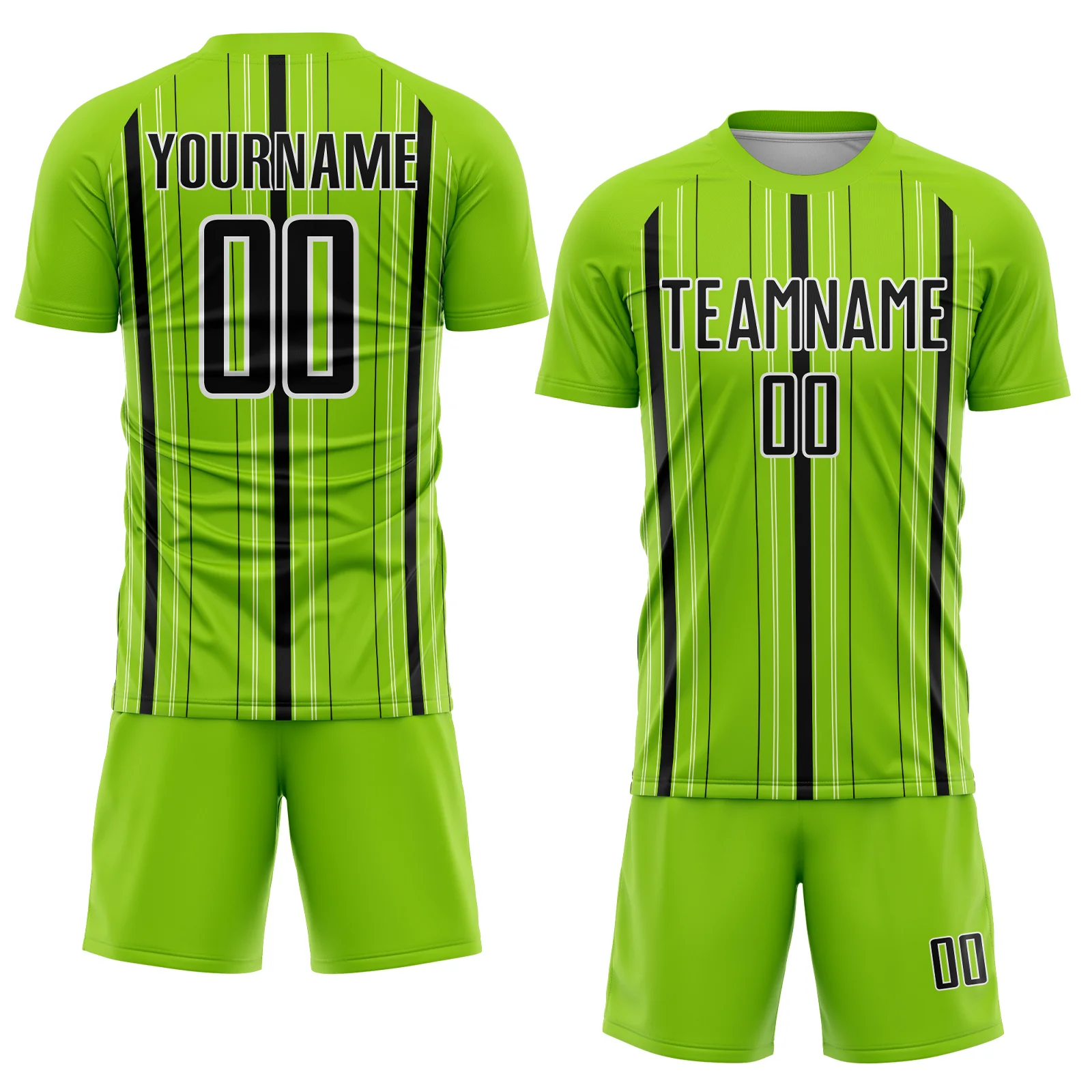 Custom Neon Green Black-White Stripe Sublimation Soccer Uniform Jersey - Image 2